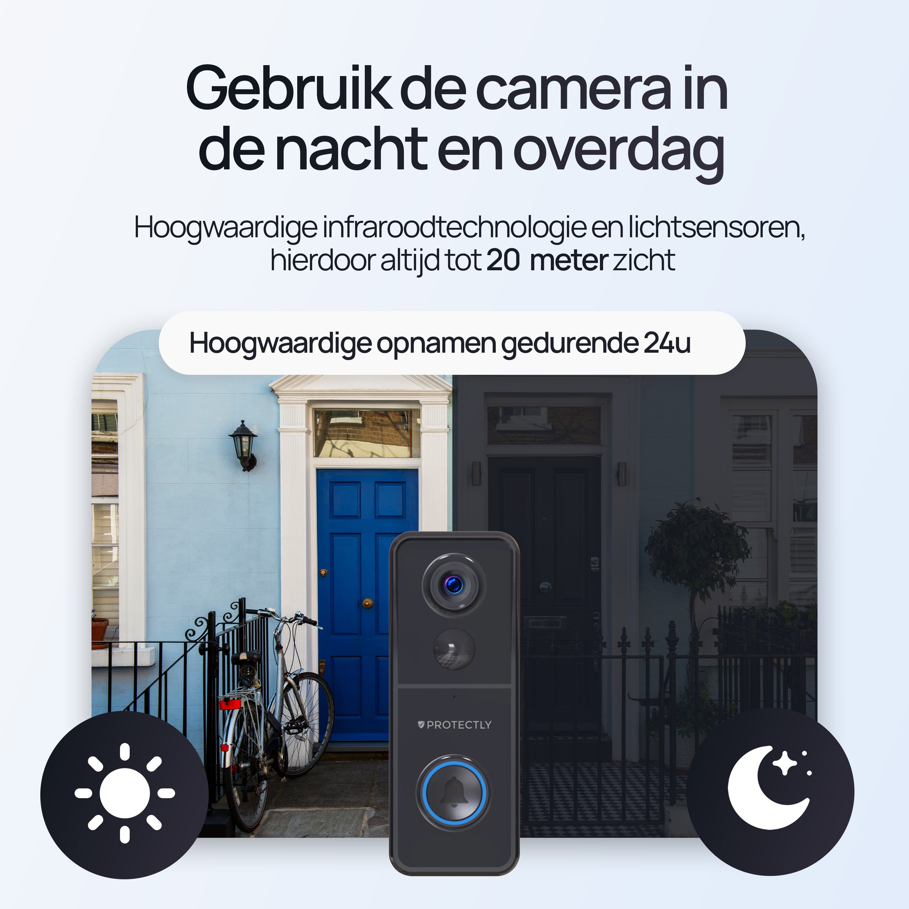 Slimme deurbelcamera dag en nacht getoond met blauwe en donkere deuren, fiets en zon/maan iconen.