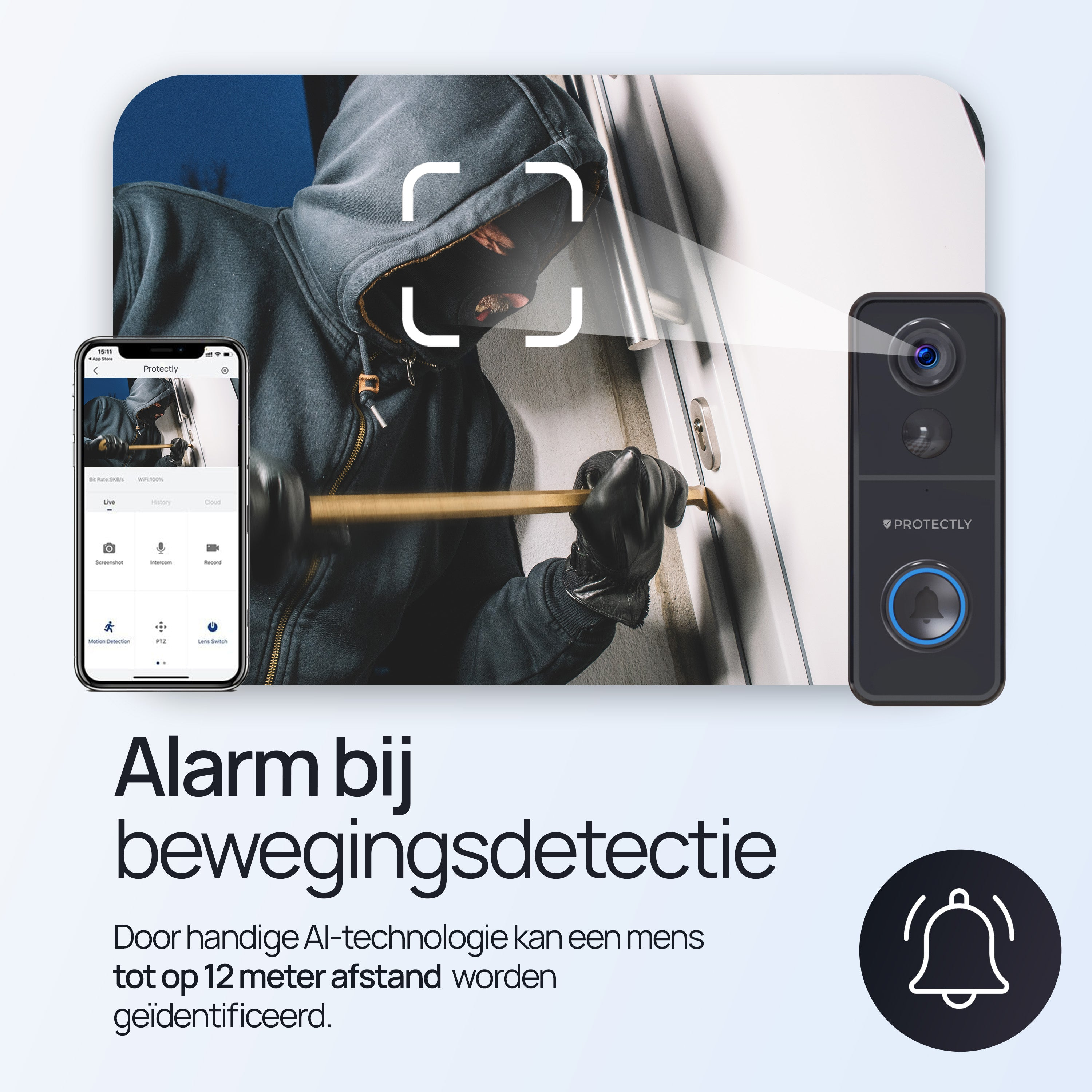 Een inbreker forceert een deur terwijl een slimme deurbel en app toezien.