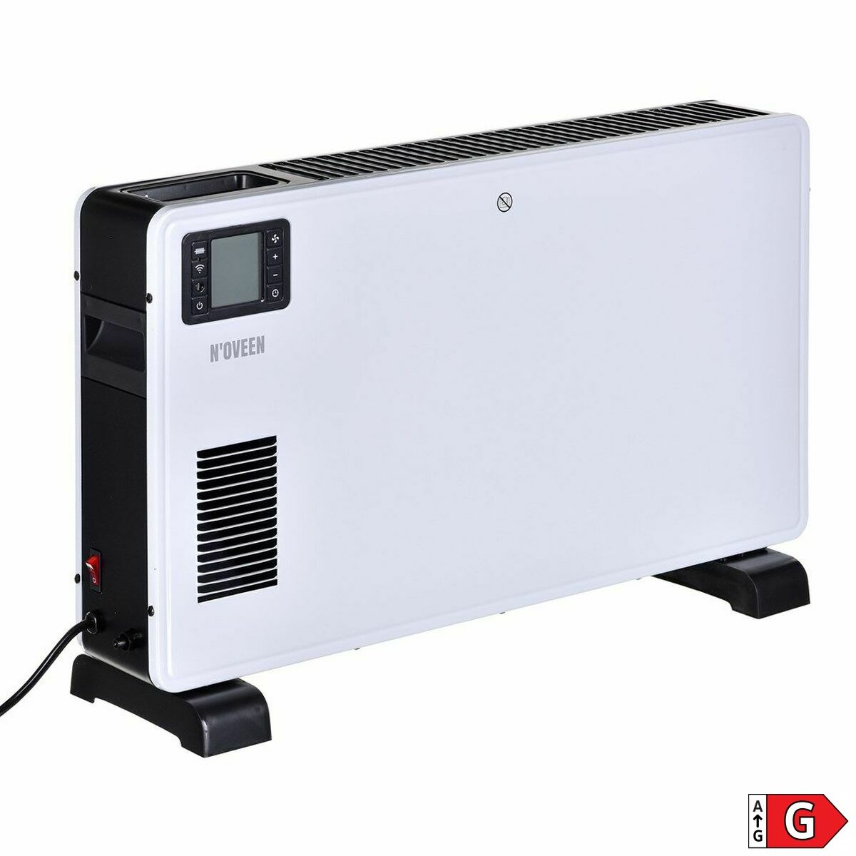 Biały grzejnik elektryczny z cyfrowym wyświetlaczem, czarną podstawą i kablem.