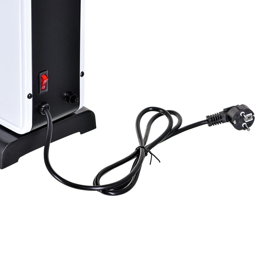 Czarny kabel zasilający z wtyczką podłączony do biało-czarnego urządzenia z czerwonym przełącznikiem.