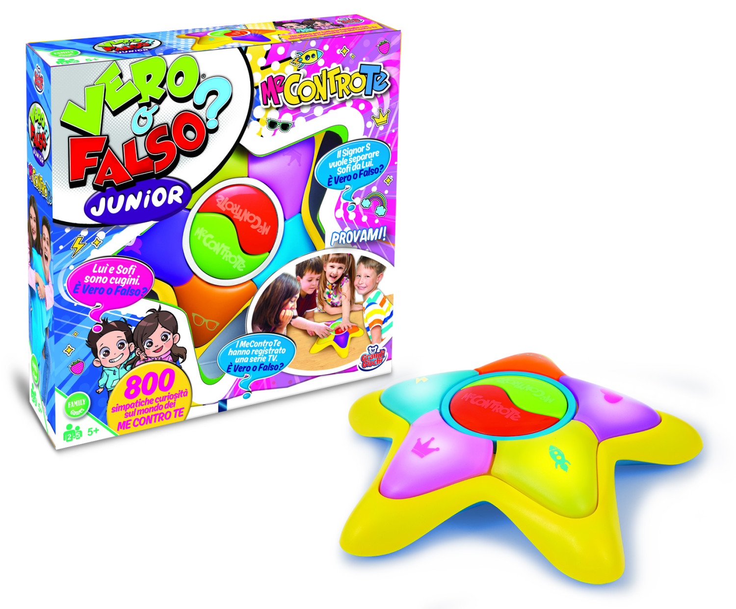Un scatolo di gioco e un dispositivo di gioco a forma di stella con pulsanti colorati.