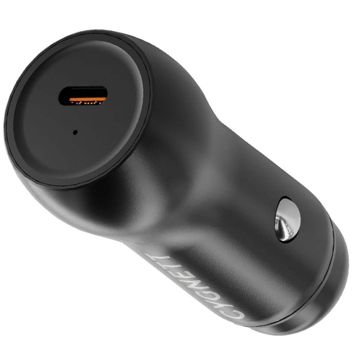 Caricabatterie da auto USB-C nero con dettaglio interno arancione. Nome del marchio visibile.