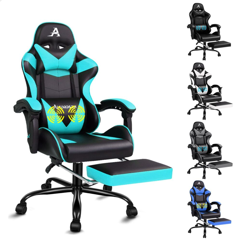 Ein schwarzer und türkiser Gaming-Stuhl mit Fußstütze wird gezeigt, daneben vier kleinere Bilder ähnlicher Stühle.