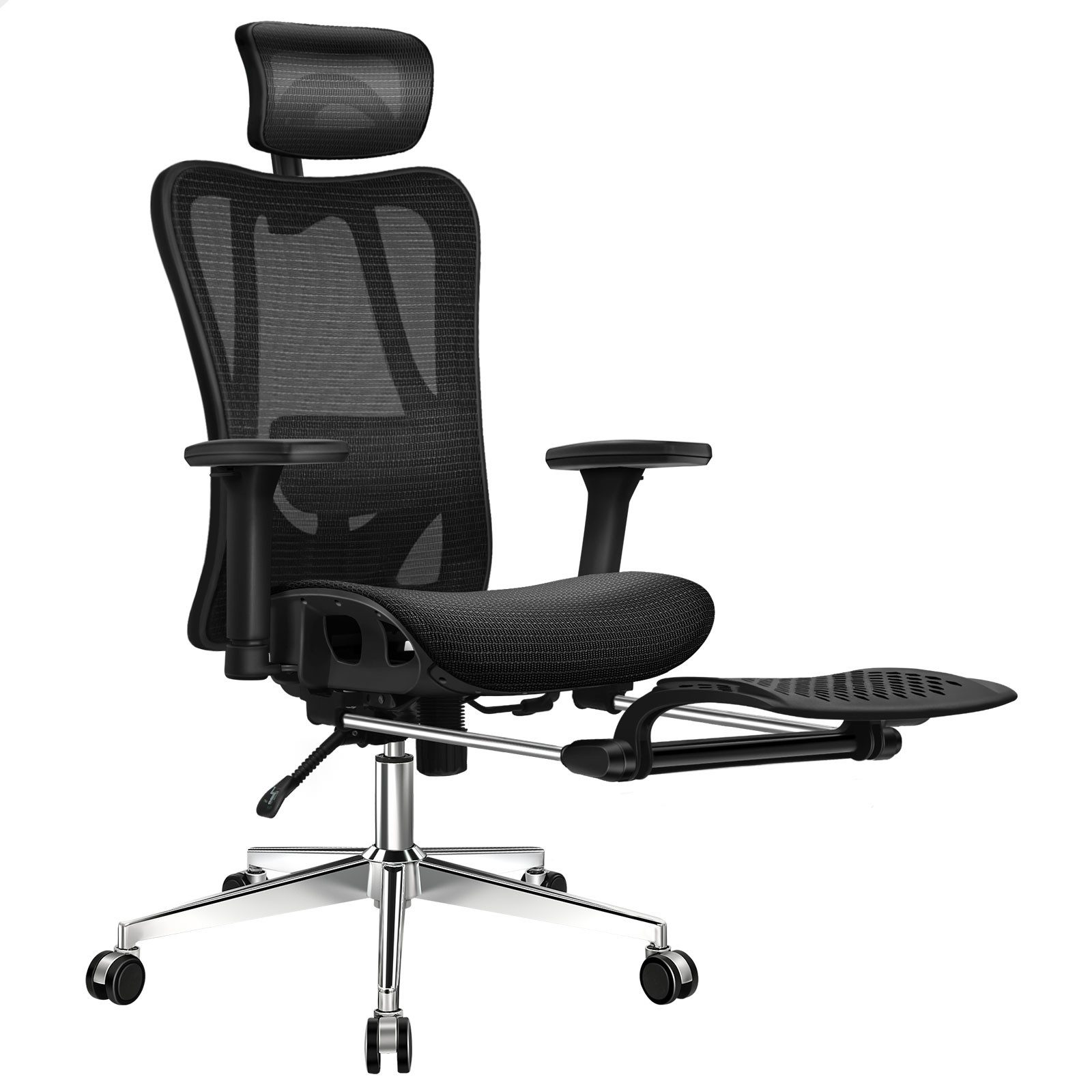 Schwarzer ergonomischer Bürostuhl mit Kopfstütze, verstellbaren Armlehnen, Fußstütze und Rädern.