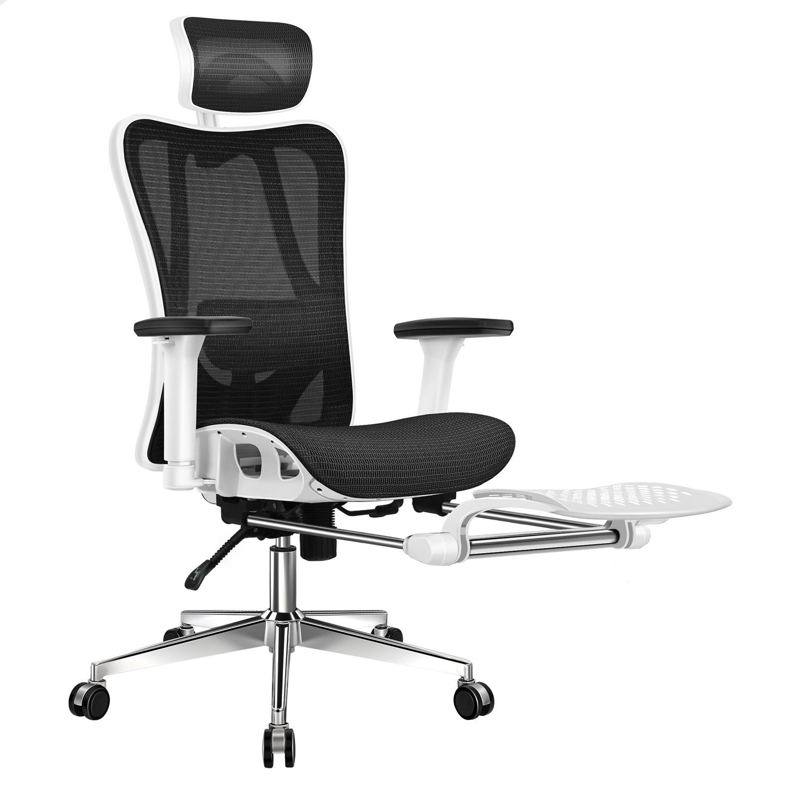 Ein weißer und schwarzer ergonomischer Bürostuhl mit Kopfstütze und Fußstütze.