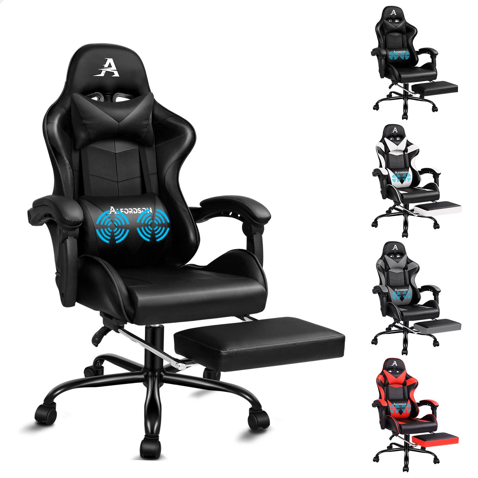 Ein schwarzer Gaming-Stuhl mit Kopfstütze, Lendenkissen und Fußstütze. Vier weitere Stühle in verschiedenen Farben.