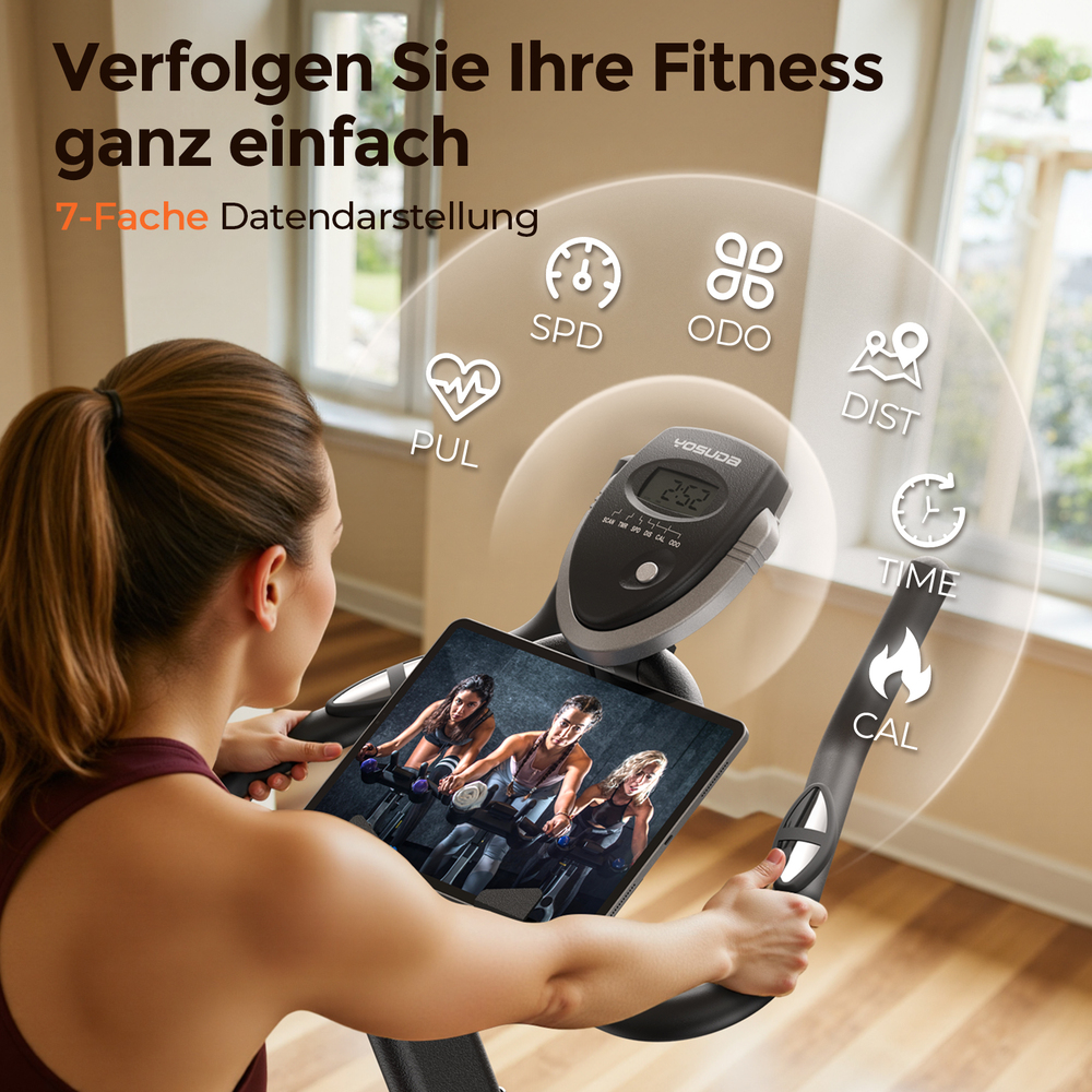 Frau auf Heimtrainer, Tablet zeigt Radfahrer. Anzeige zeigt Zeit, Geschwindigkeit, Distanz.