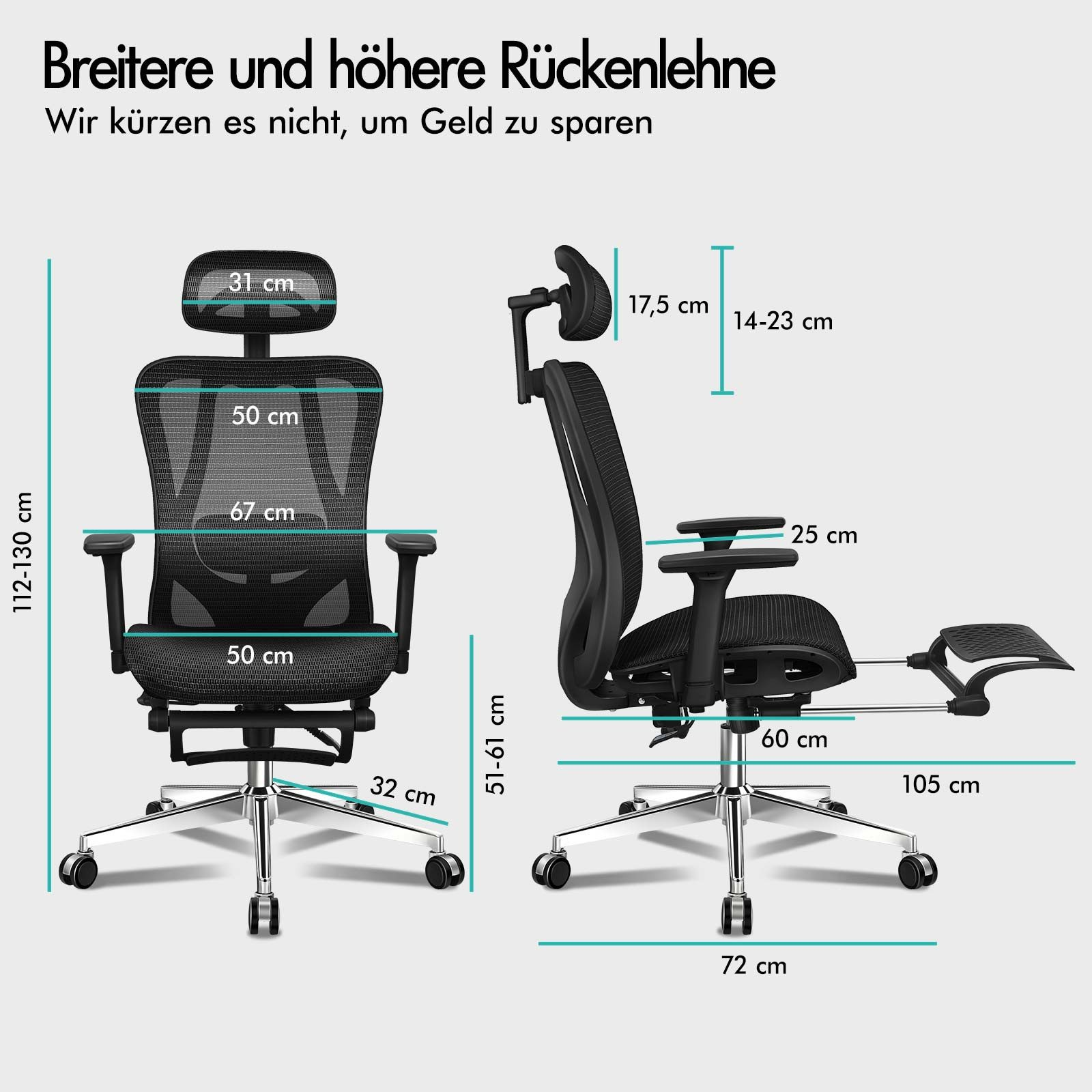 Schwarzer ergonomischer Bürostuhl mit Maßen. Verfügt über verstellbare Kopfstütze und Fußstütze.