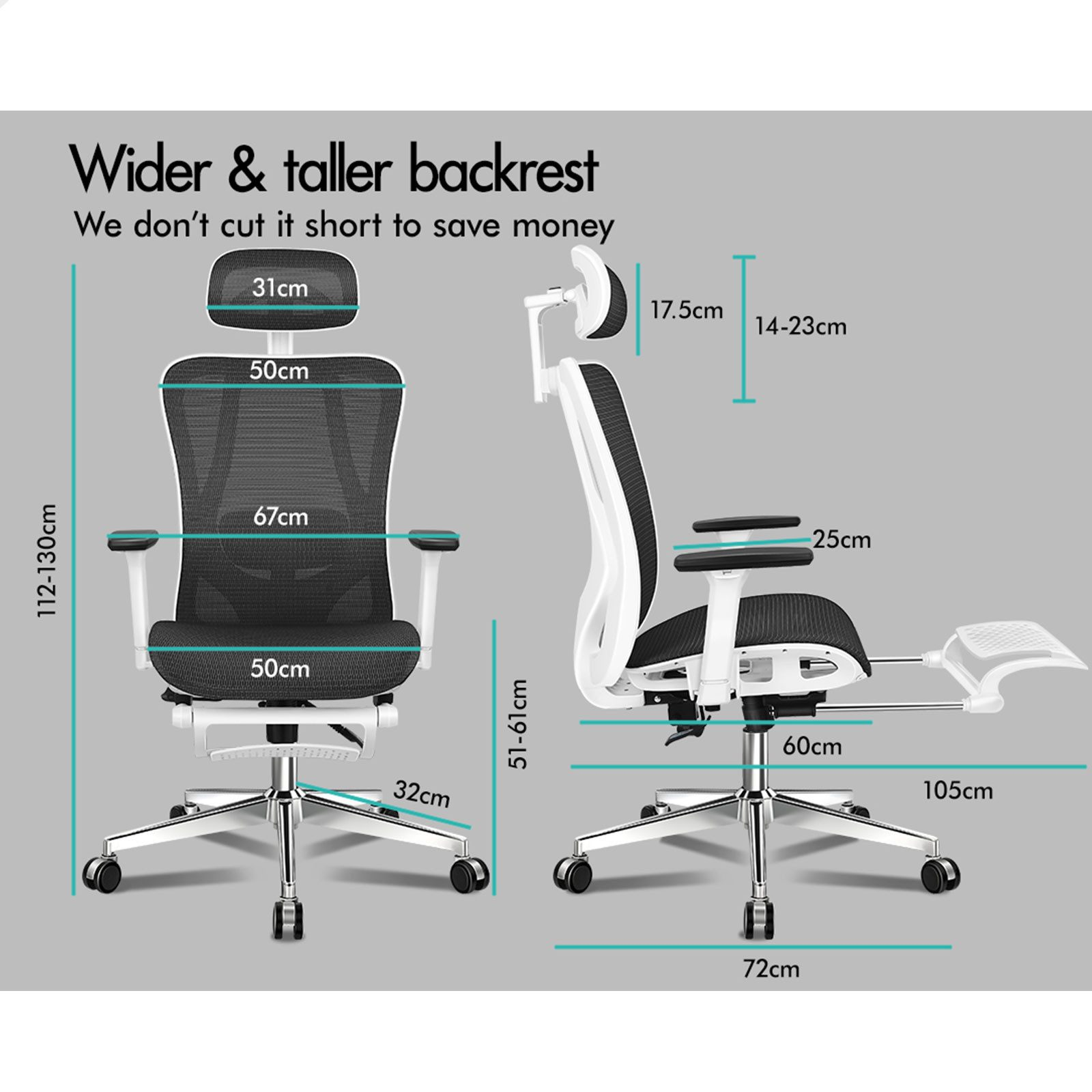 Ergonomischer Bürostuhl mit Maßen. Verfügt über verstellbare Kopfstütze, Armlehnen und Fußstütze.