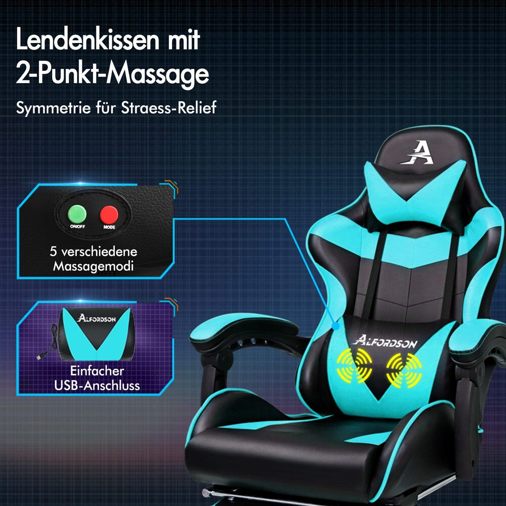 Schwarzer und cyanfarbener Gaming-Stuhl mit Massagefunktion und USB-Anschluss.