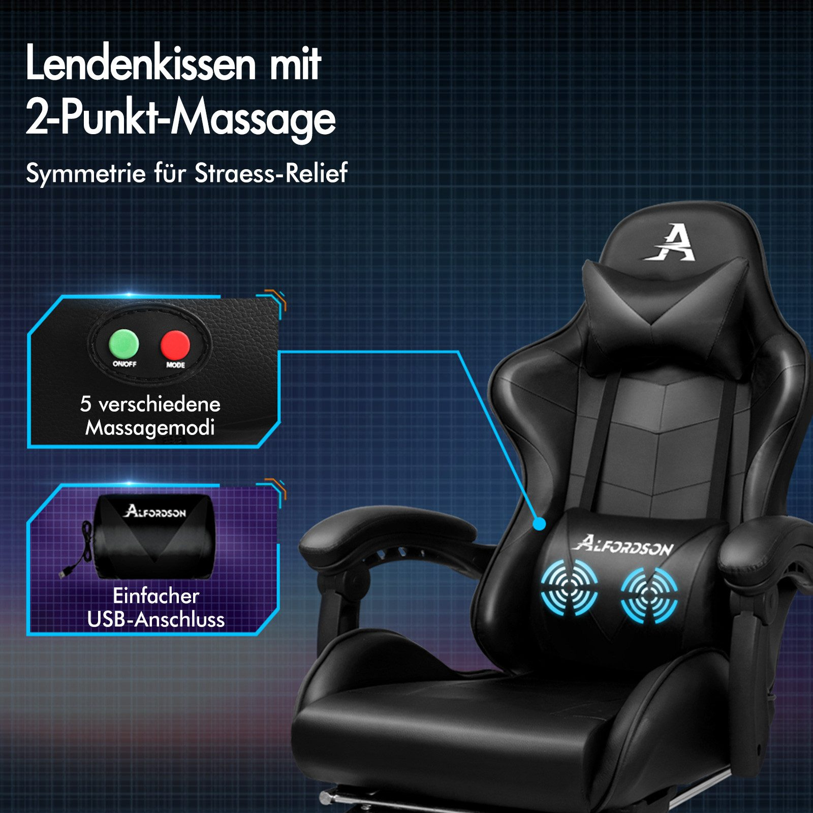 Schwarzer Gaming-Stuhl mit Lendenkissen, 2-Punkt-Massage, USB-Anschluss und Tasten.