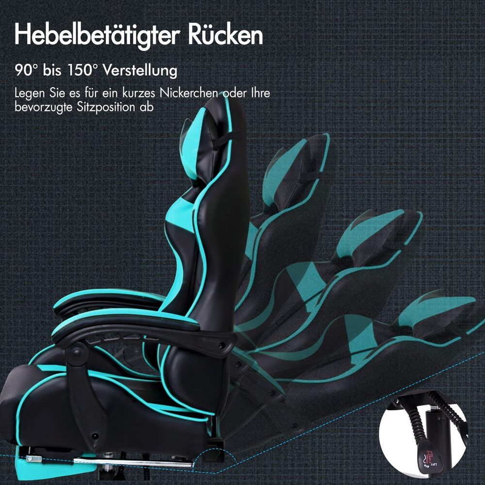 Ein schwarzer und türkisfarbener Gaming-Stuhl mit verstellbarer Rückenlehne von 90° bis 150°.