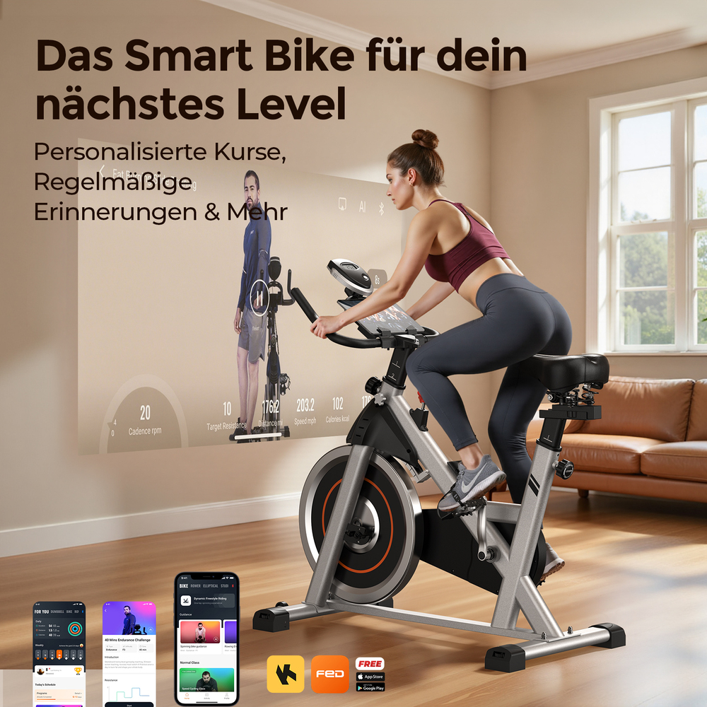 Frau fährt ein Smart Bike mit virtuellem Trainer und Trainingsdaten auf dem Bildschirm.