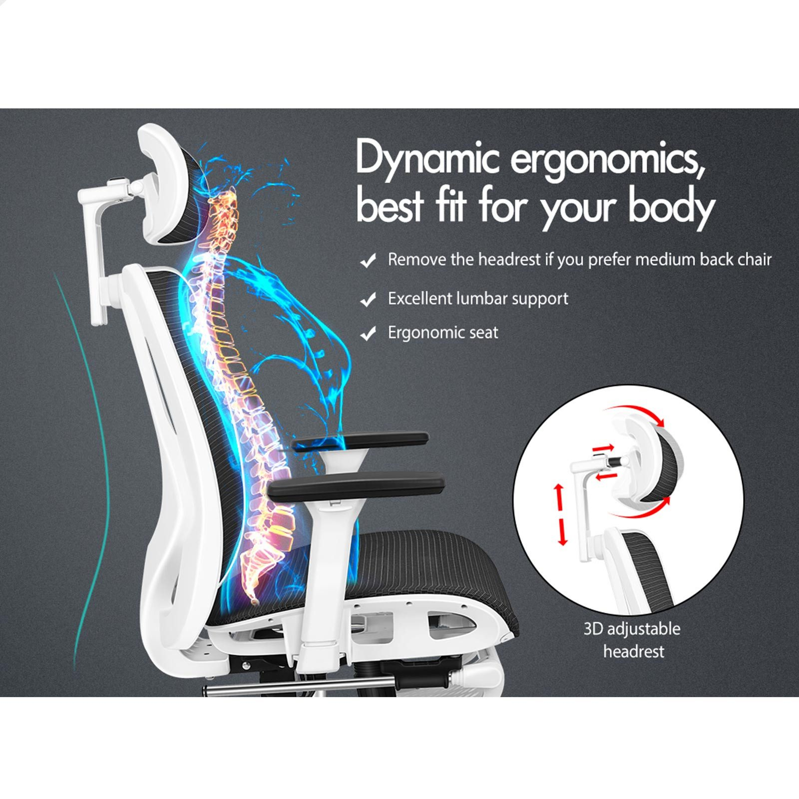 Weißer ergonomischer Stuhl mit 3D-verstellbarer Kopfstütze und Wirbelsäulen-Grafik.