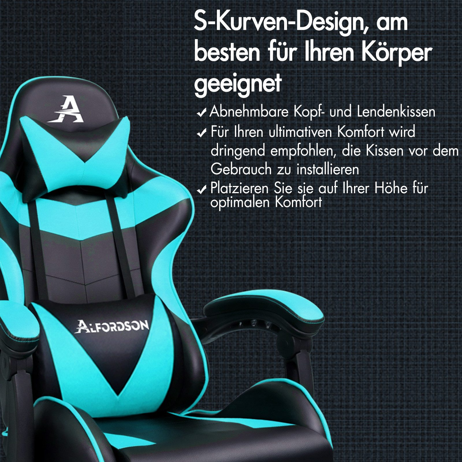 Ein schwarzer und türkiser Gaming-Stuhl mit verstellbaren Kissen.