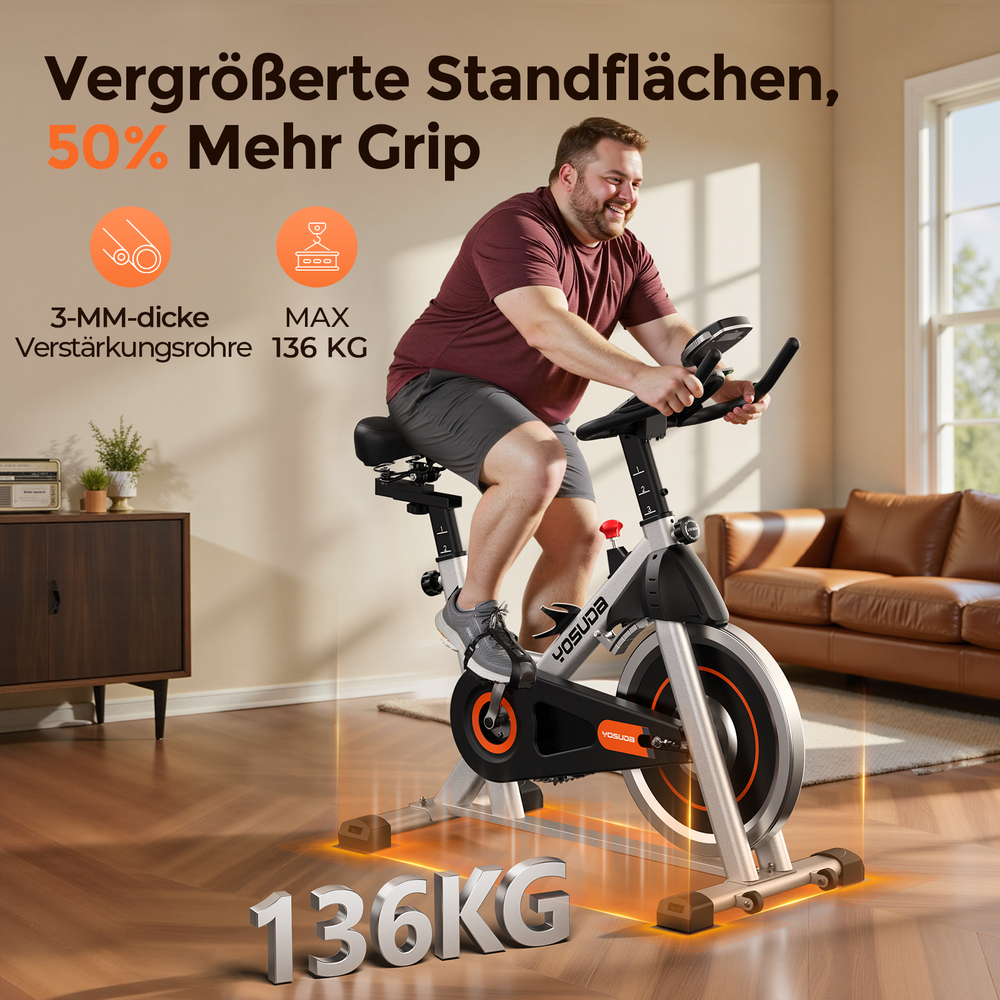 Mann auf Heimtrainer. Text hebt 50% mehr Grip und 136 KG Maximalgewicht hervor.