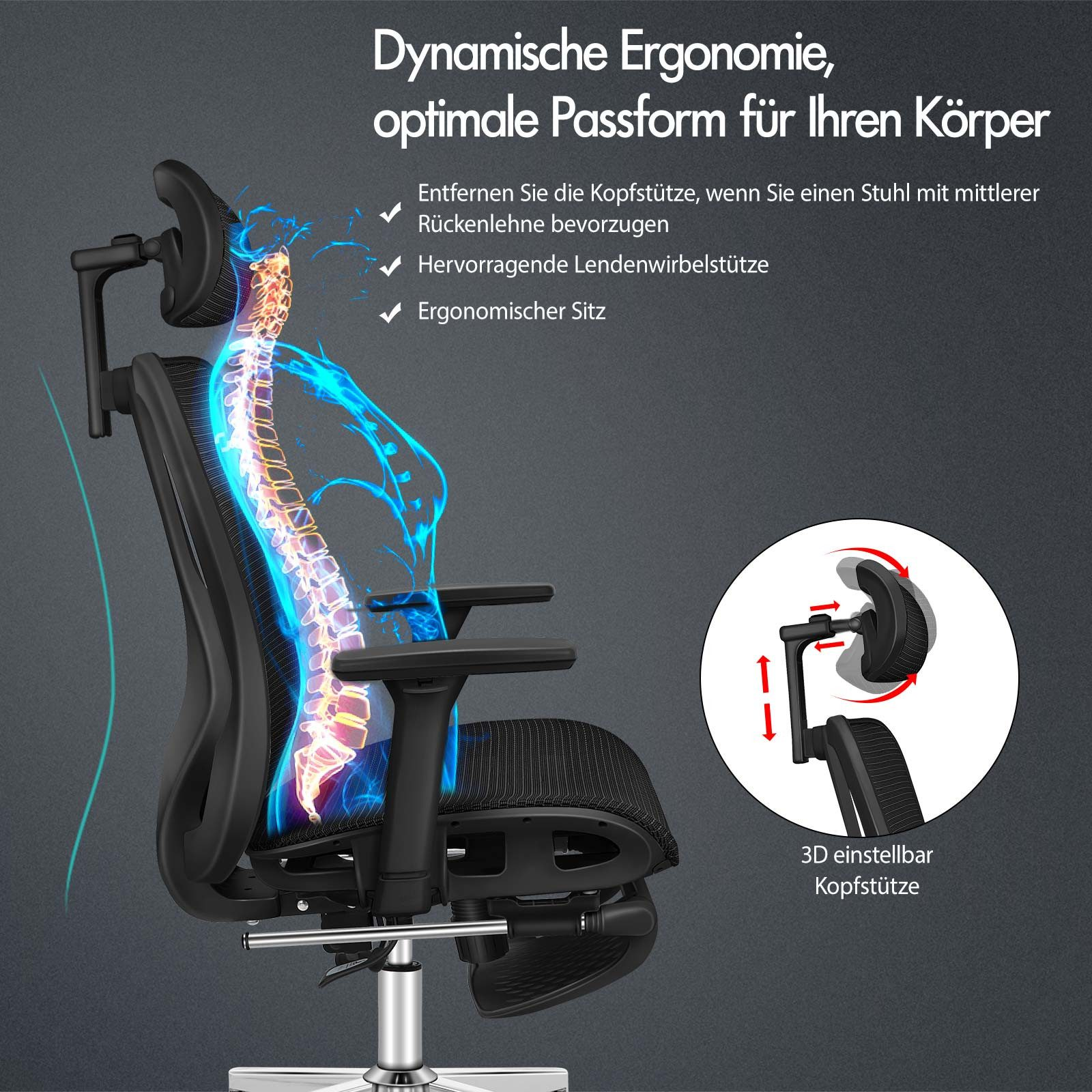 Ergonomischer Stuhl mit 3D-verstellbarer Kopfstütze und Wirbelsäulen-Visualisierung.
