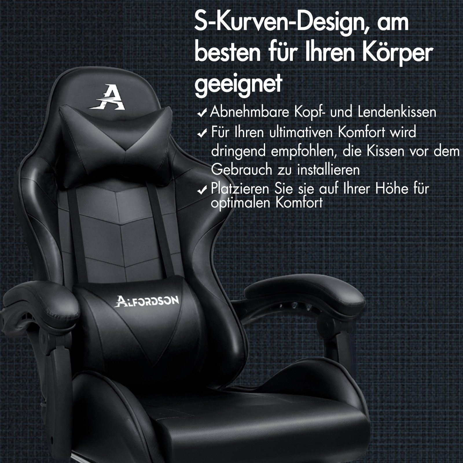 Schwarzer Gaming-Stuhl mit Kopf- und Lendenkissen. Logo auf Kopfstütze und Kissen.