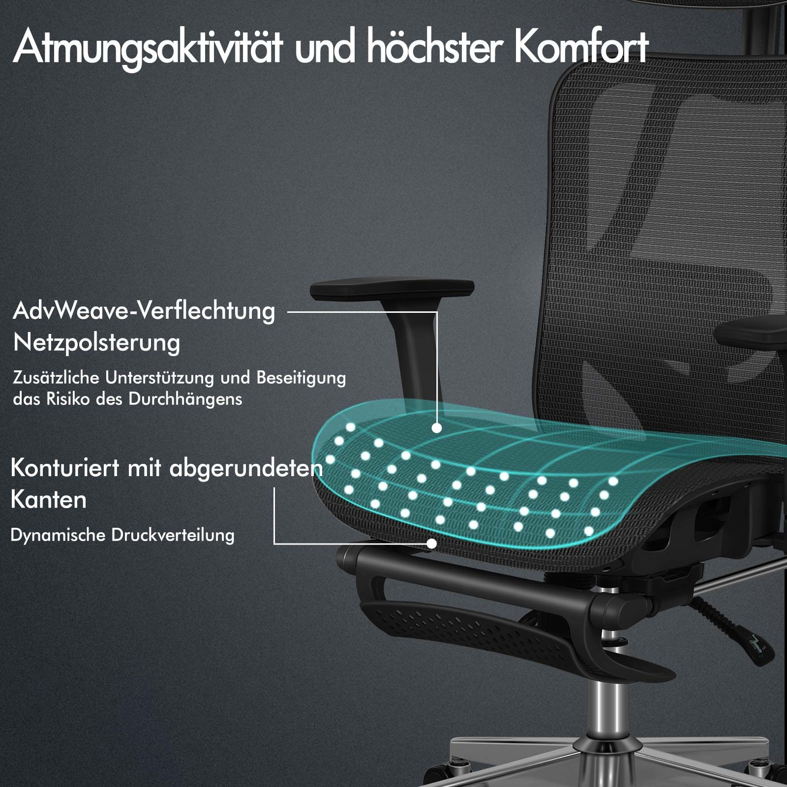 Schwarzer Bürostuhl mit Netzrückenlehne und Sitz, hervorgehobener Sitzkontur.