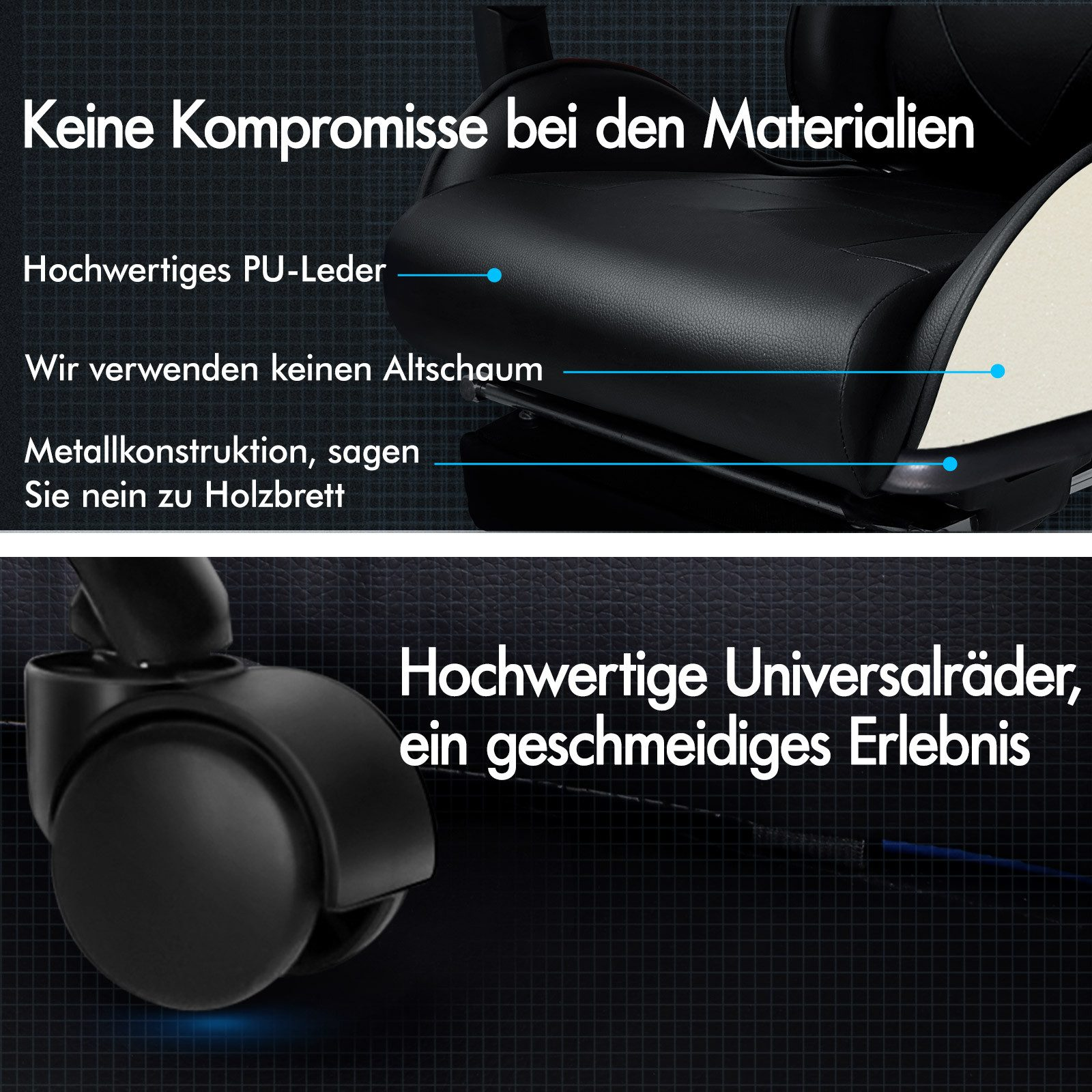 Hochwertiges PU-Leder, Metallkonstruktion und Universalräder.