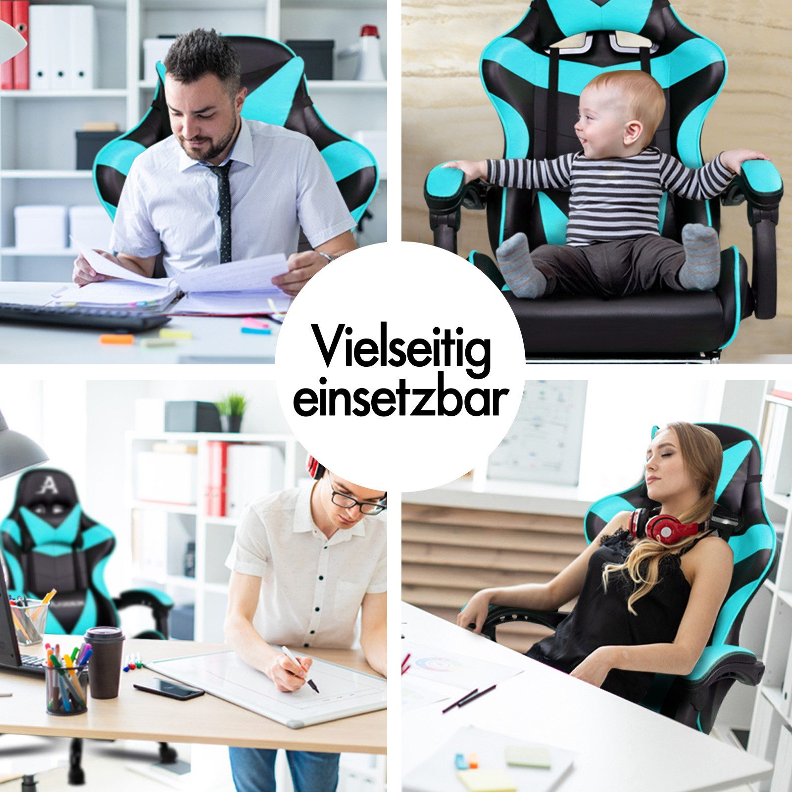 Vier Tafeln zeigen verschiedene Personen, die türkisfarbene und schwarze Gaming-Stühle verwenden.