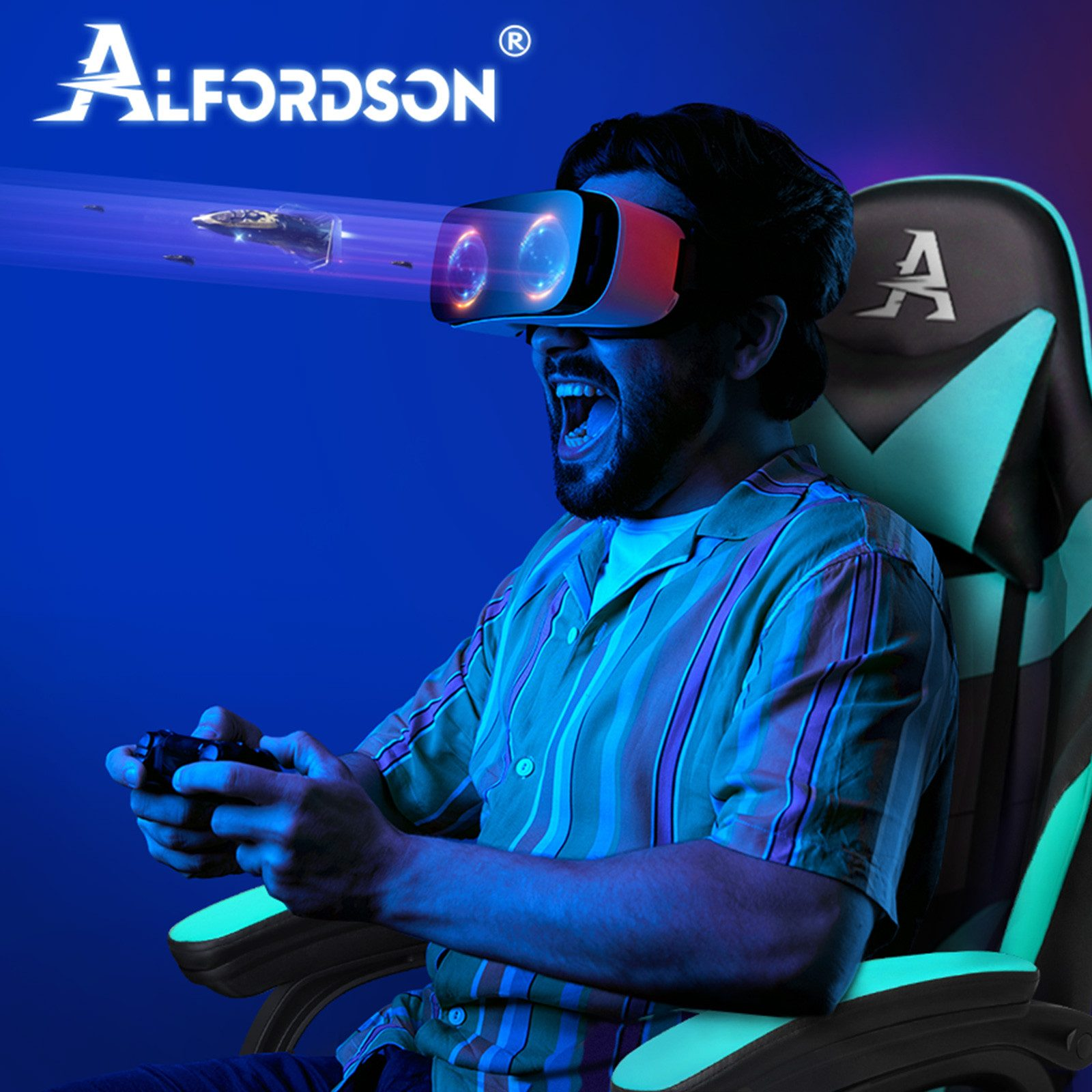 Mann mit VR-Brille spielt Videospiel in einem leuchtenden Gaming-Stuhl.