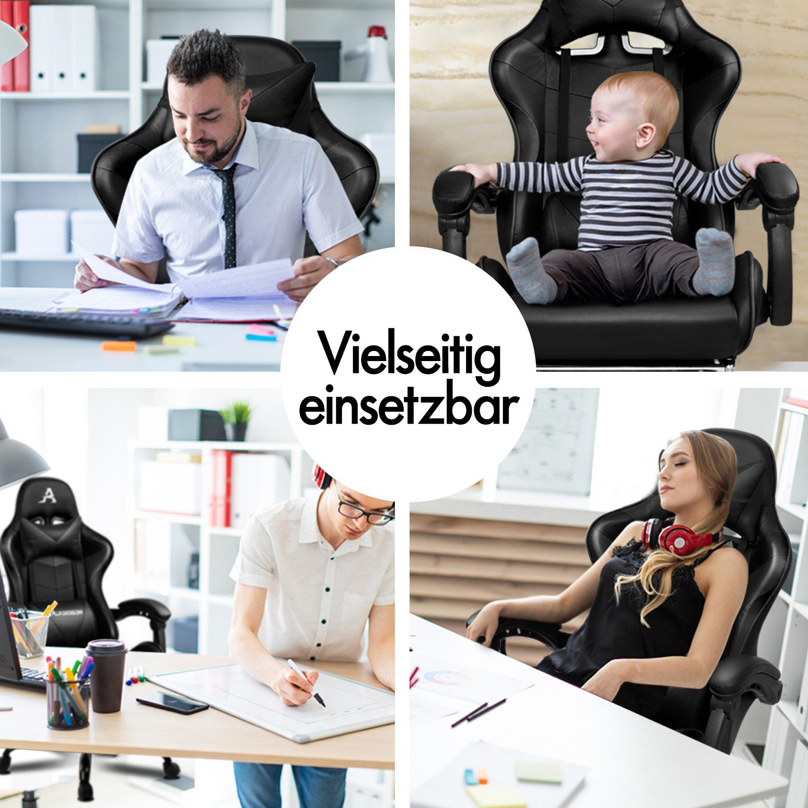 Vier Szenen zeigen schwarze Stuhlmodelle in verschiedenen Umgebungen.