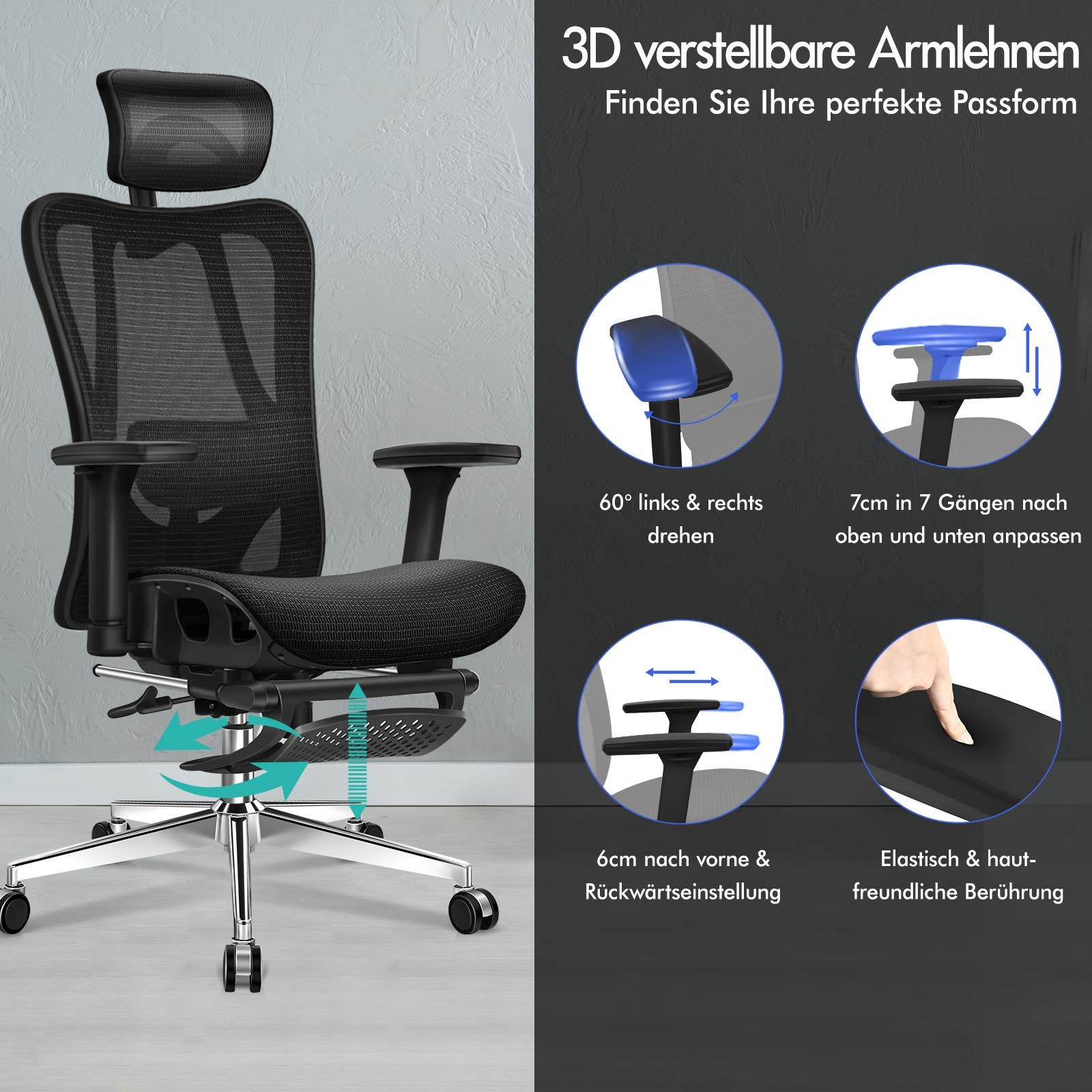 Schwarzer ergonomischer Stuhl mit verstellbaren Armlehnen. Gezeigte Merkmale: 60° Drehung, 7cm Höhenverstellung, 6cm Vor-/Rückwärtsverstellung.