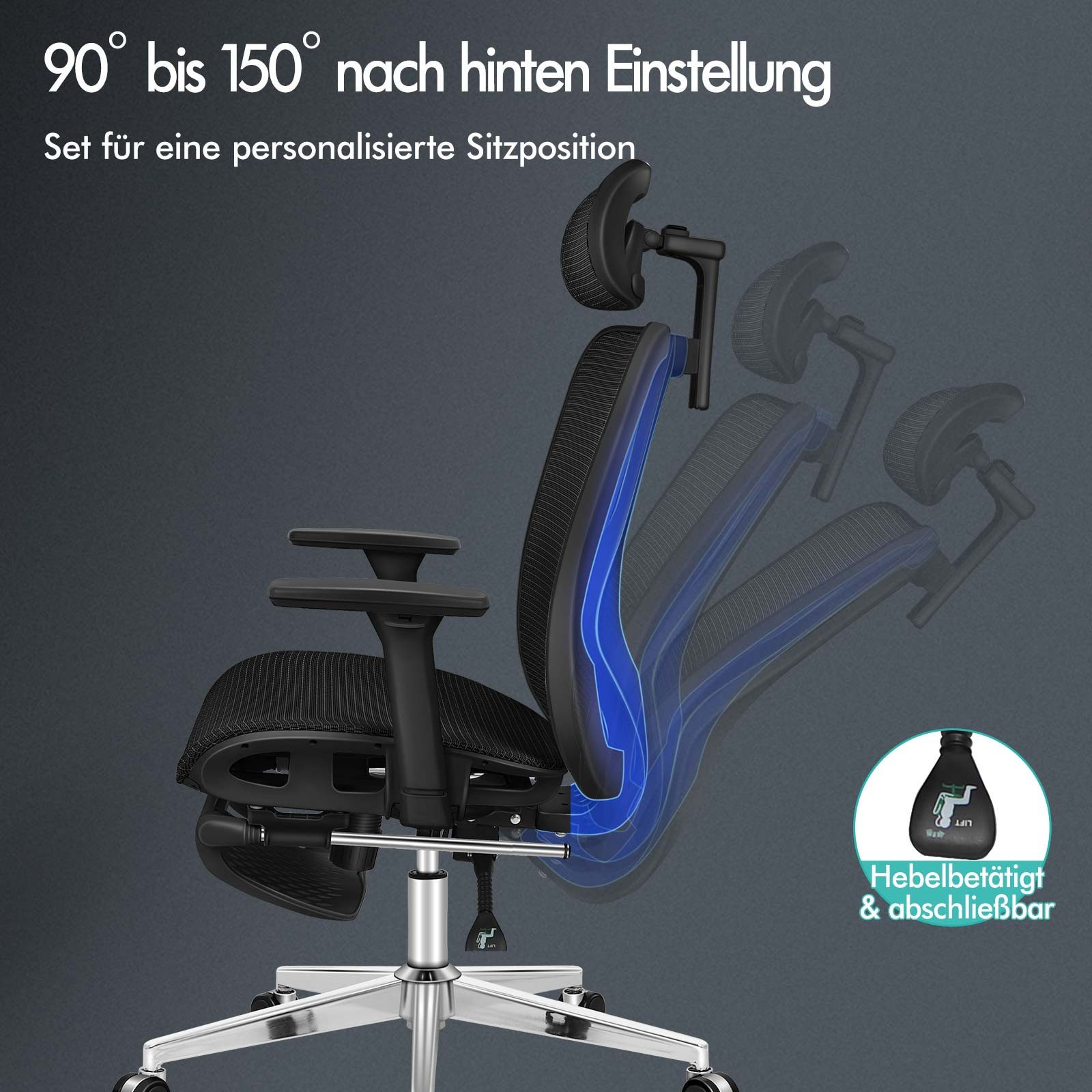 Schwarzer Bürostuhl mit verstellbarer Rückenlehne und Kopfstütze, neigbar 90-150 Grad.
