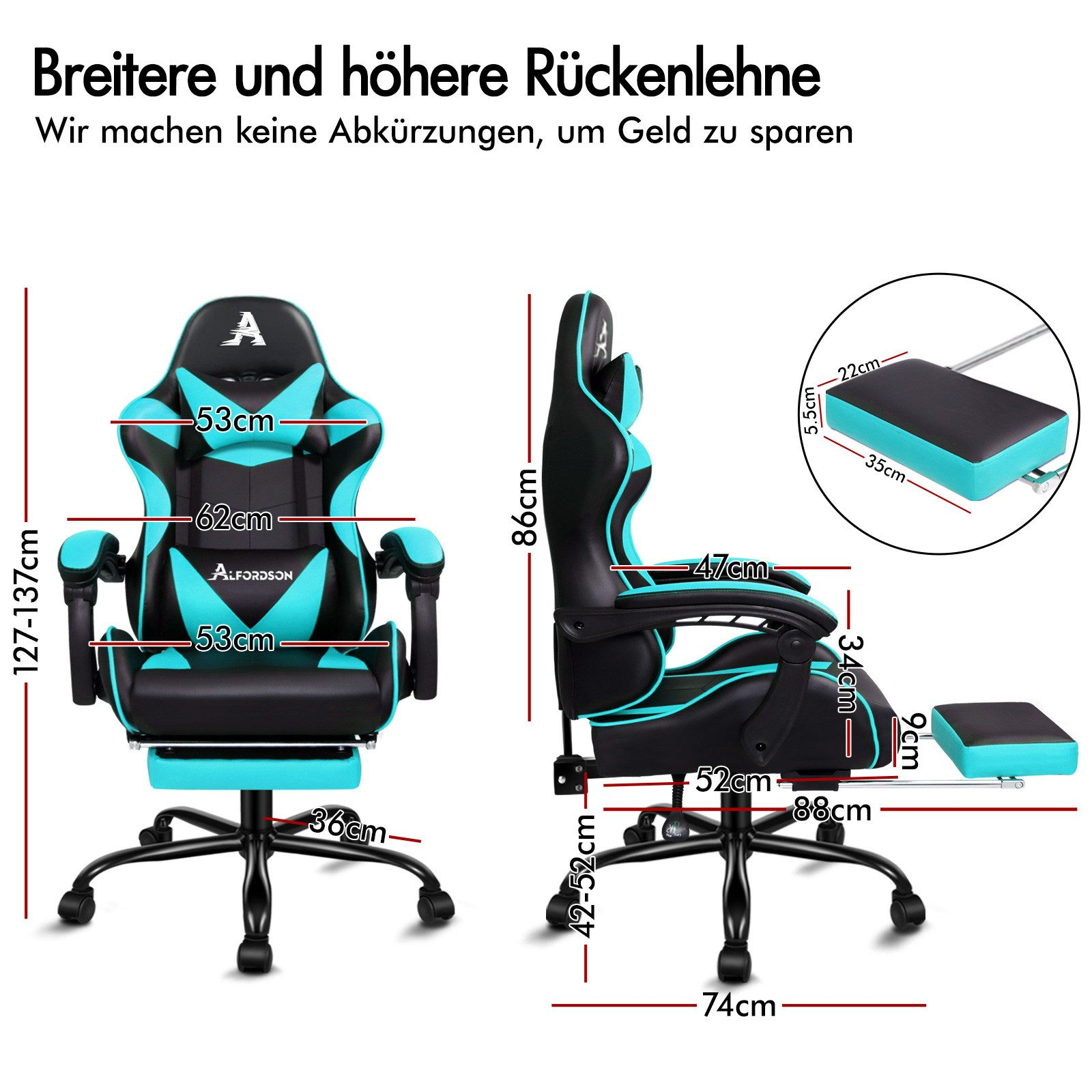 Schwarzer und türkiser Gaming-Stuhl mit Maßen. Verstellbare Höhe und Fußstütze.