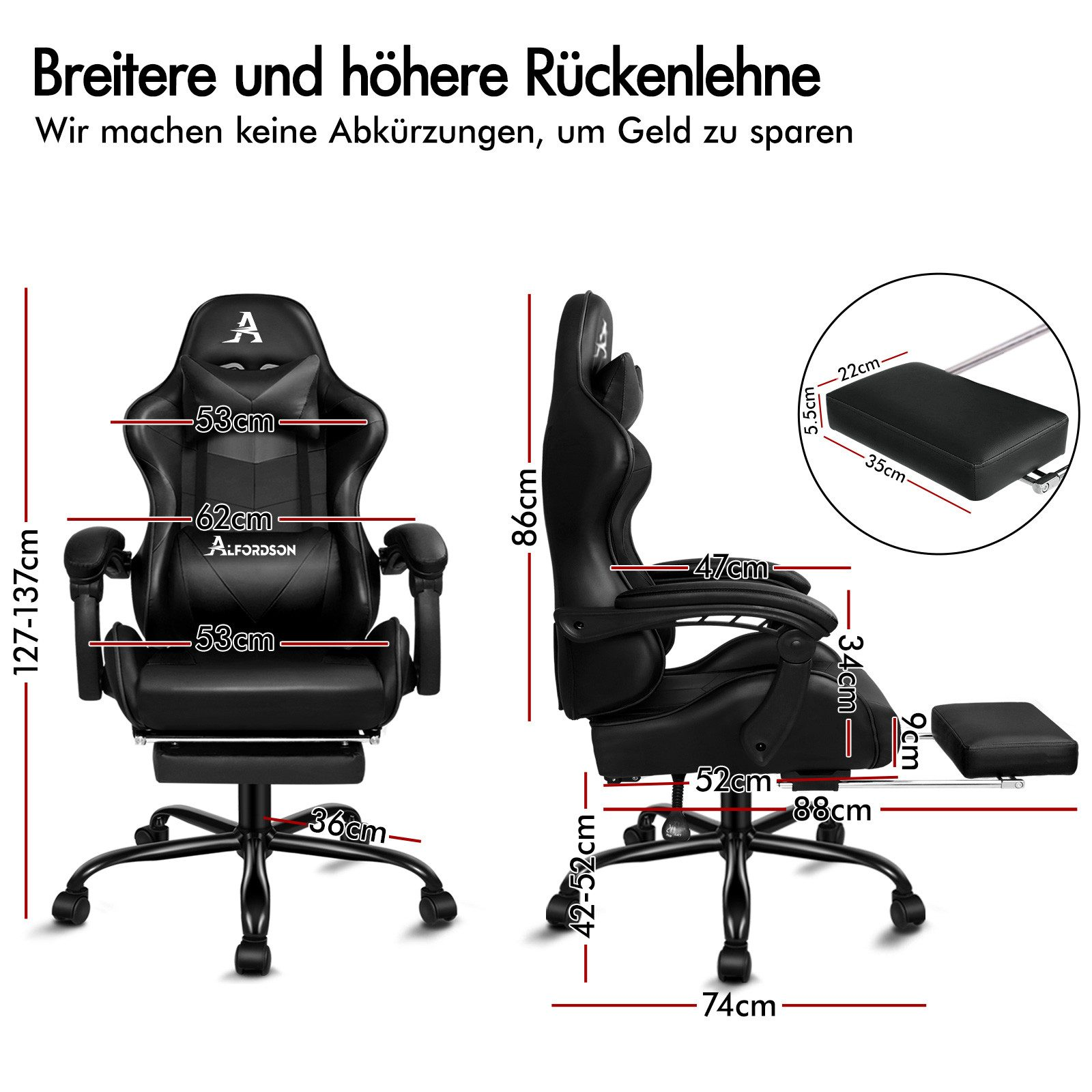 Ein schwarzer Gaming-Stuhl mit Maßen und einer separaten Fußstütze.