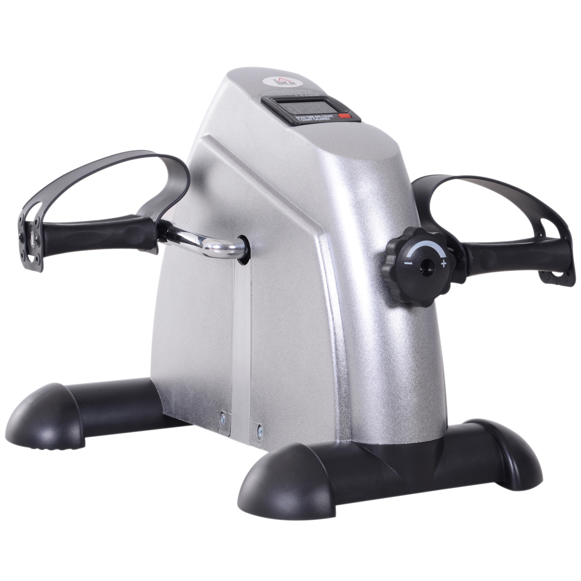 Ein silberner Heimtrainer mit Pedalen und einem digitalen Display. Weiße Hintergrund.