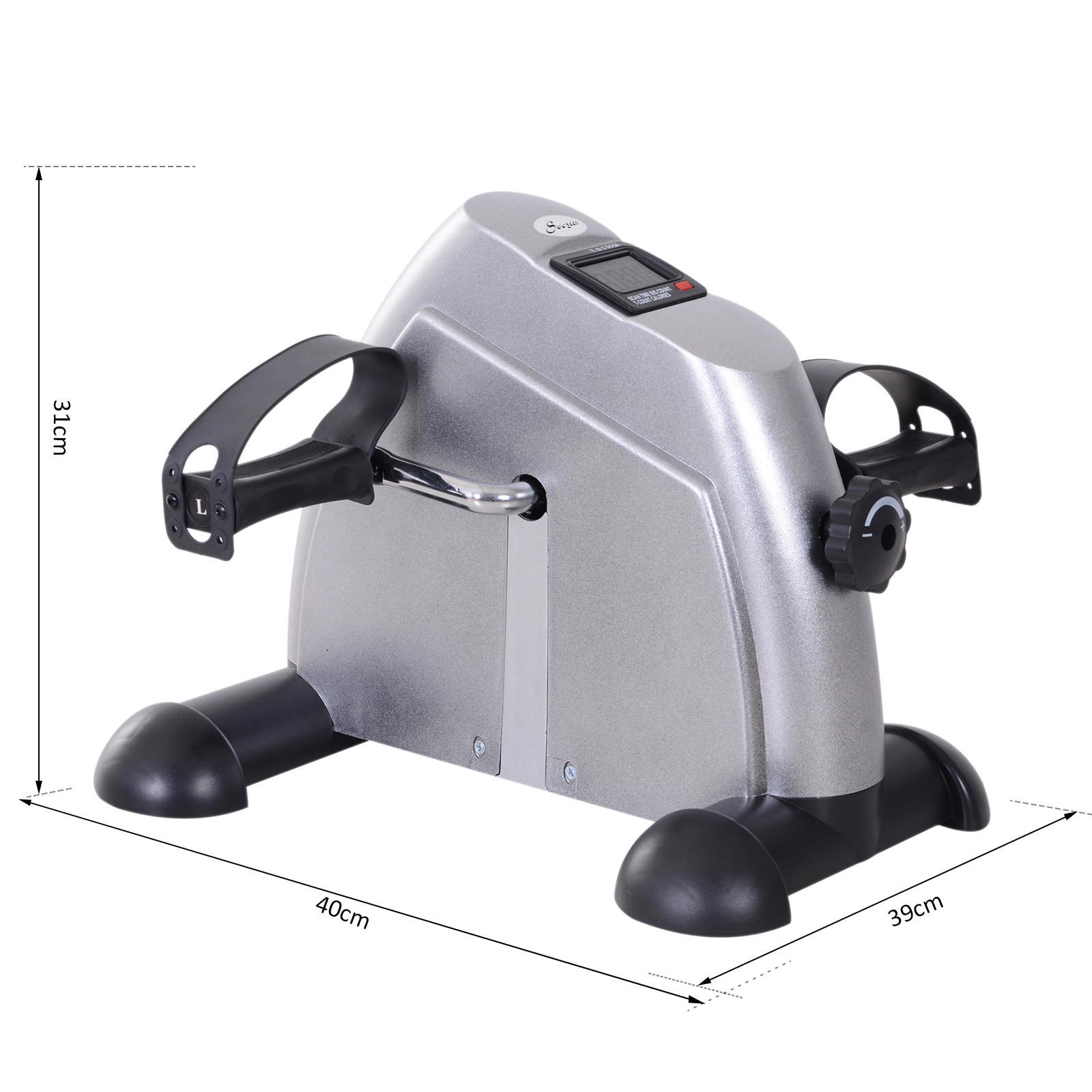 Ein silberner Heimtrainer mit schwarzem Display und Pedalen. Maße 31x40x39cm.