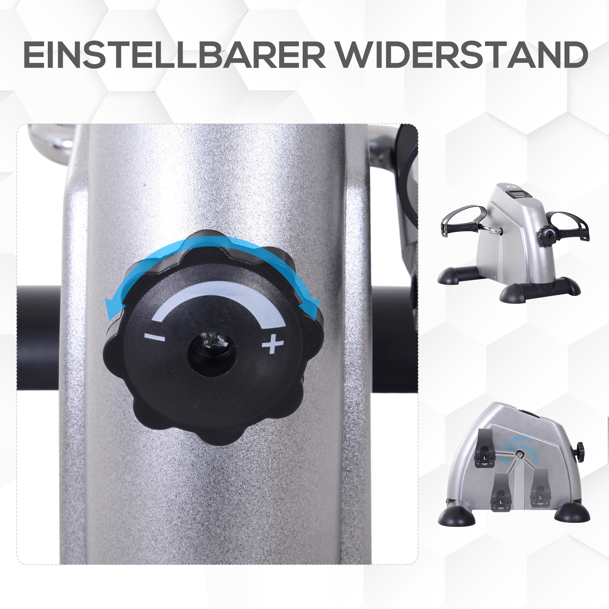 Nahaufnahme eines silbernen Widerstandsreglers mit Pfeil und Plus-/Minus-Symbolen.