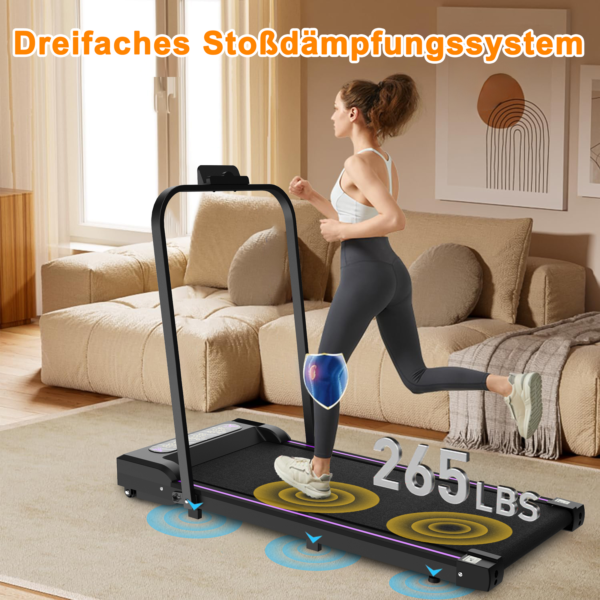 Eine Frau läuft auf einem Laufband, das auf einem Teppich steht. Ein Schild zeigt 265 LBS.