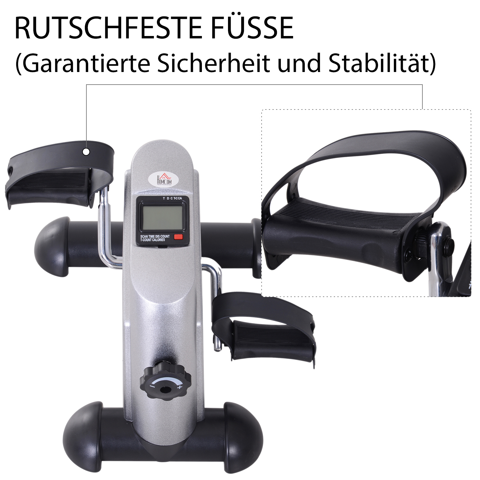 Ein silberner Heimtrainer mit Pedalen, Display und rutschfesten Füßen.