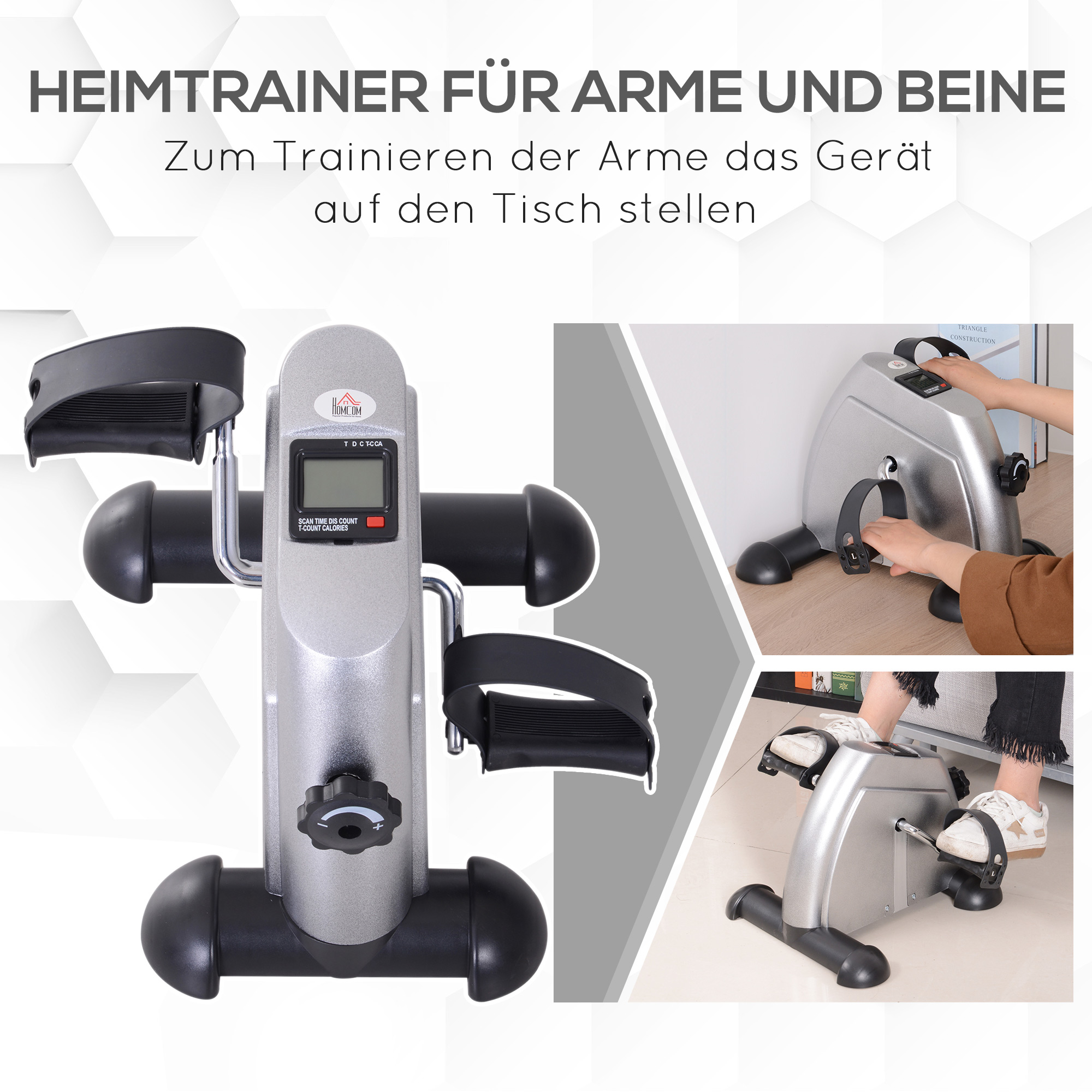 Silberner Heimtrainer für Arme und Beine mit Display. Mit Pedalen und Haltegurten.