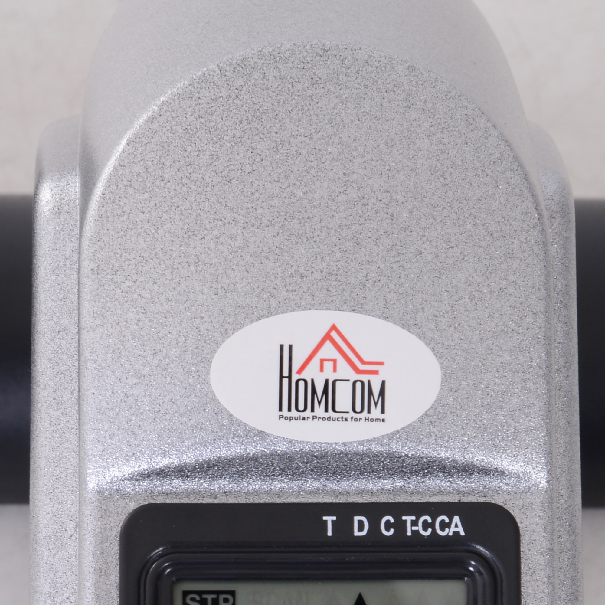 Silbernes Gerät mit HOMCOM-Logo und Digitalanzeige. Strukturierte Oberfläche.