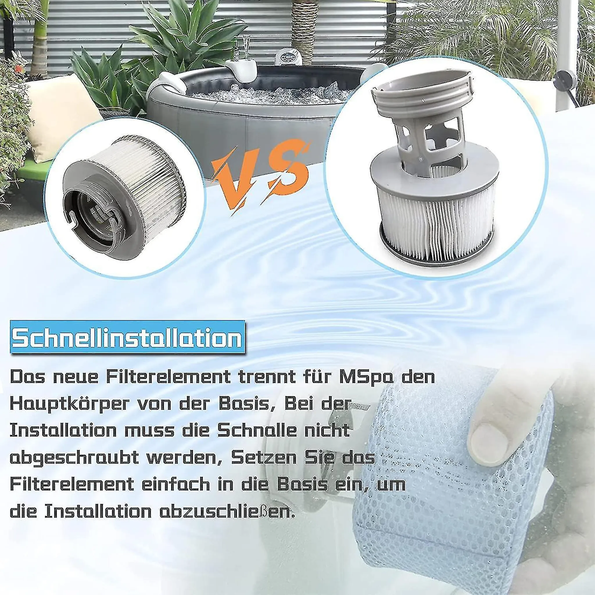 Zwei Spa-Filter gezeigt. Einer ist in einem Whirlpool installiert, der andere ist separat.