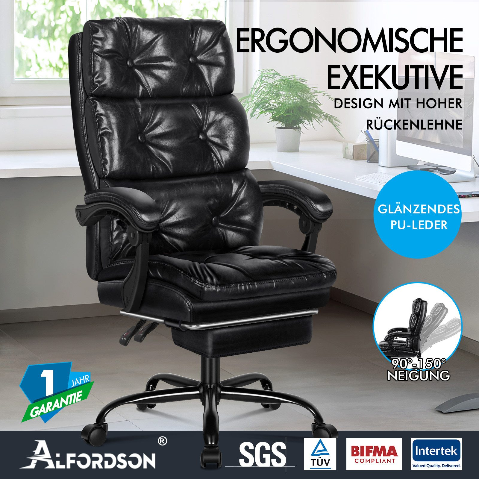 Schwarzer ergonomischer Bürostuhl aus PU-Leder mit hoher Rückenlehne.