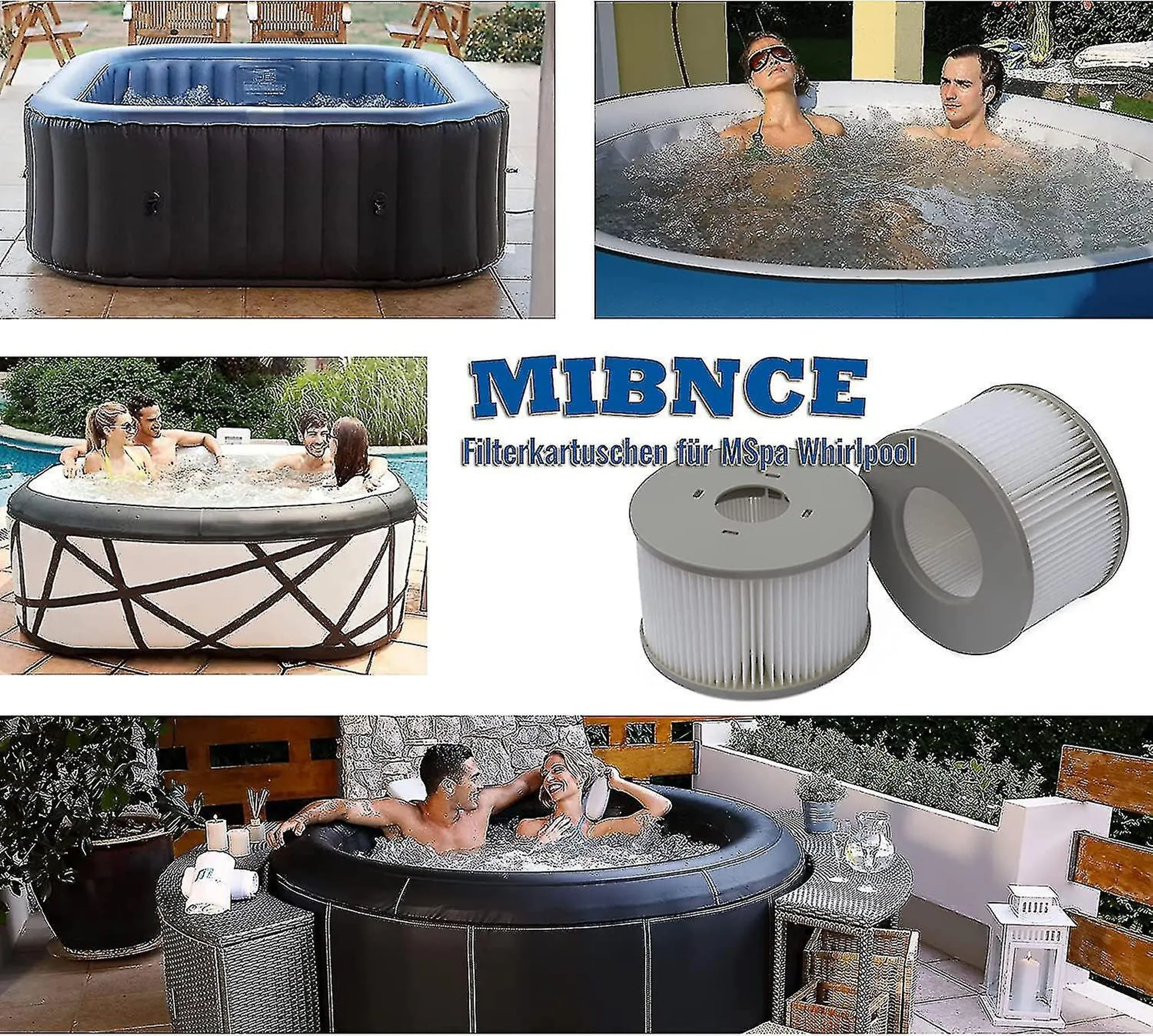 Verschiedene aufblasbare Whirlpools, Filterkartuschen und Menschen, die Whirlpools genießen.