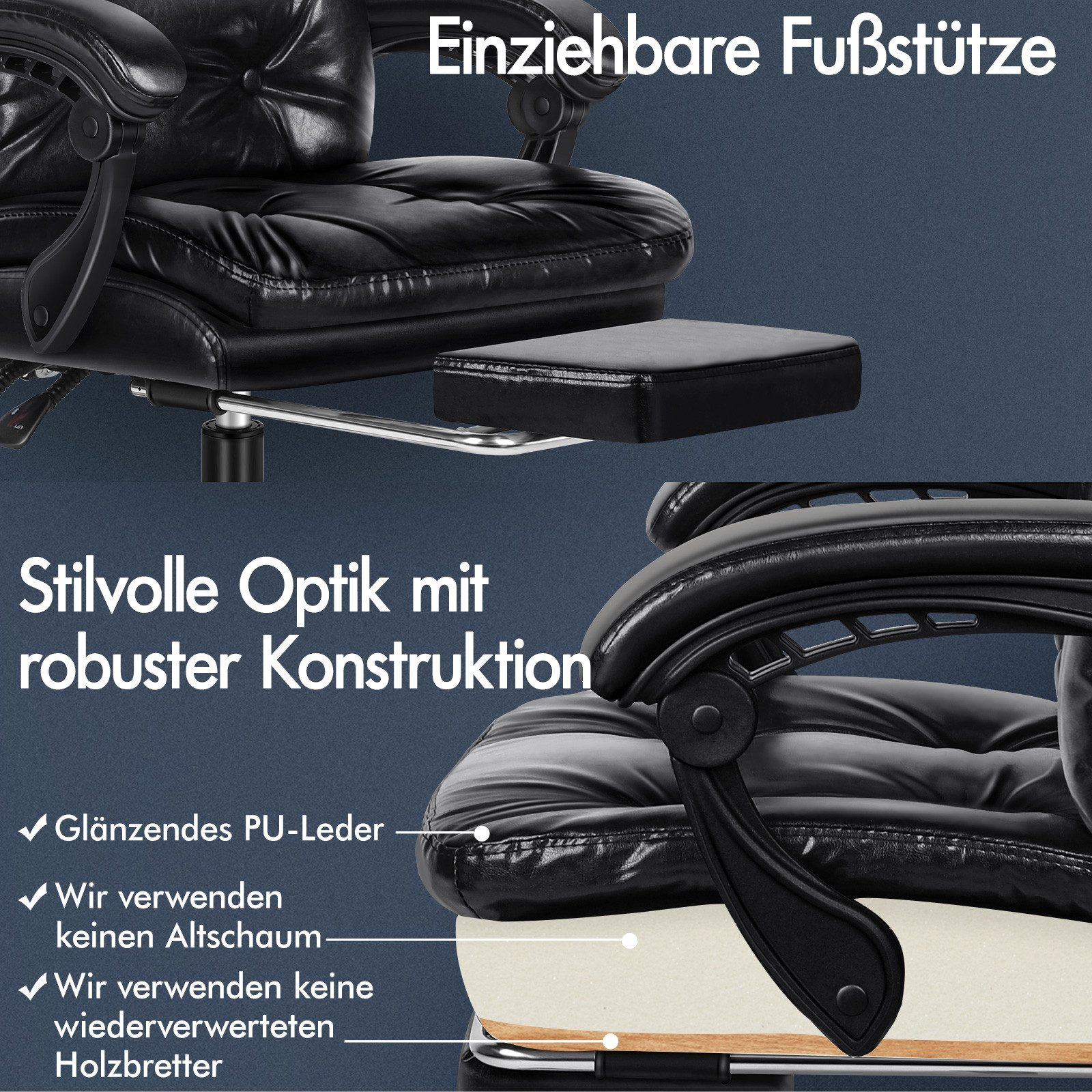 Schwarzer Bürostuhl mit ausziehbarer Fußstütze und Lederdetails.