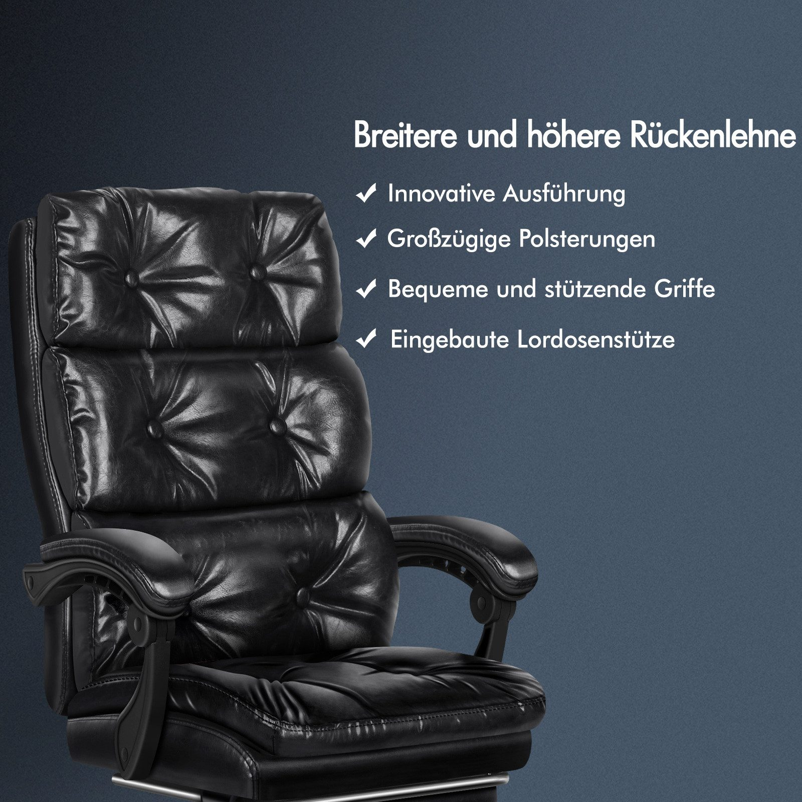 Schwarzer Chefsessel mit gestepptem Leder, breiter Rückenlehne und Armlehnen vor dunklem Hintergrund.