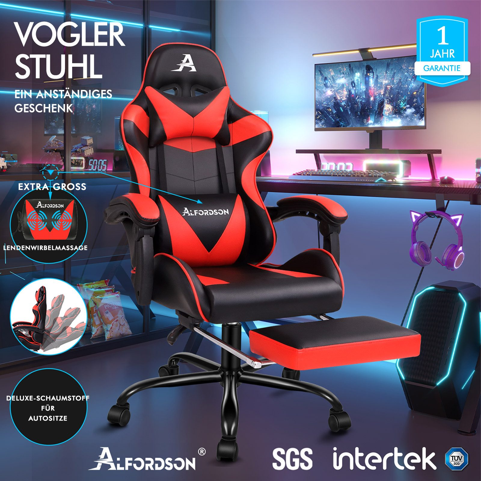 Rot-schwarzer Gaming-Stuhl mit Fußstütze, Computereinrichtung und Garantieinfos.