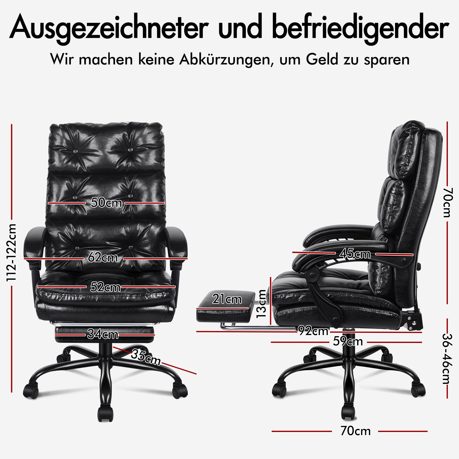 Schwarze Chefsessel mit angegebenen Maßen. Einer von vorne, der andere von der Seite.