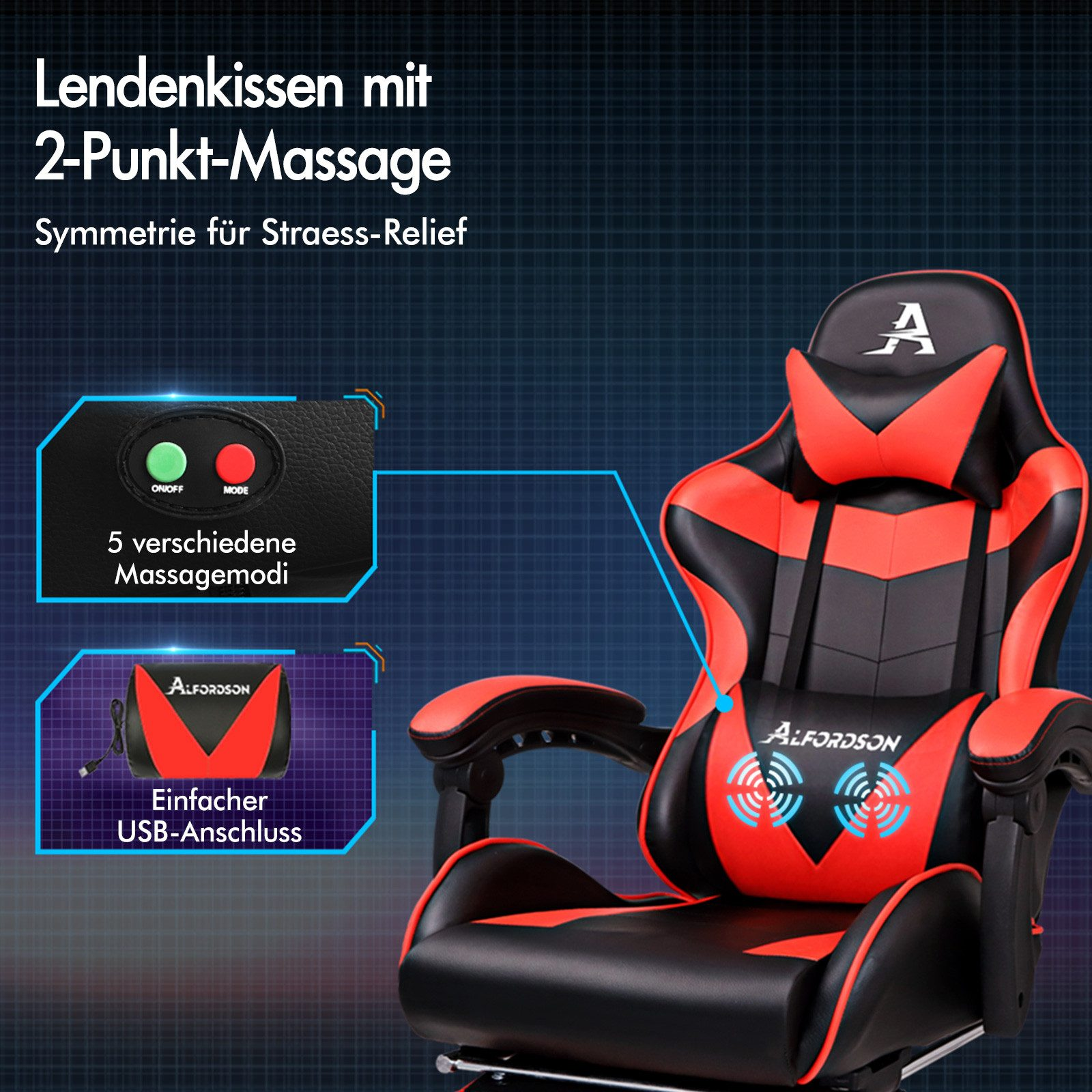 Ein roter und schwarzer Gaming-Stuhl mit Massagefunktion und USB-Anschluss.