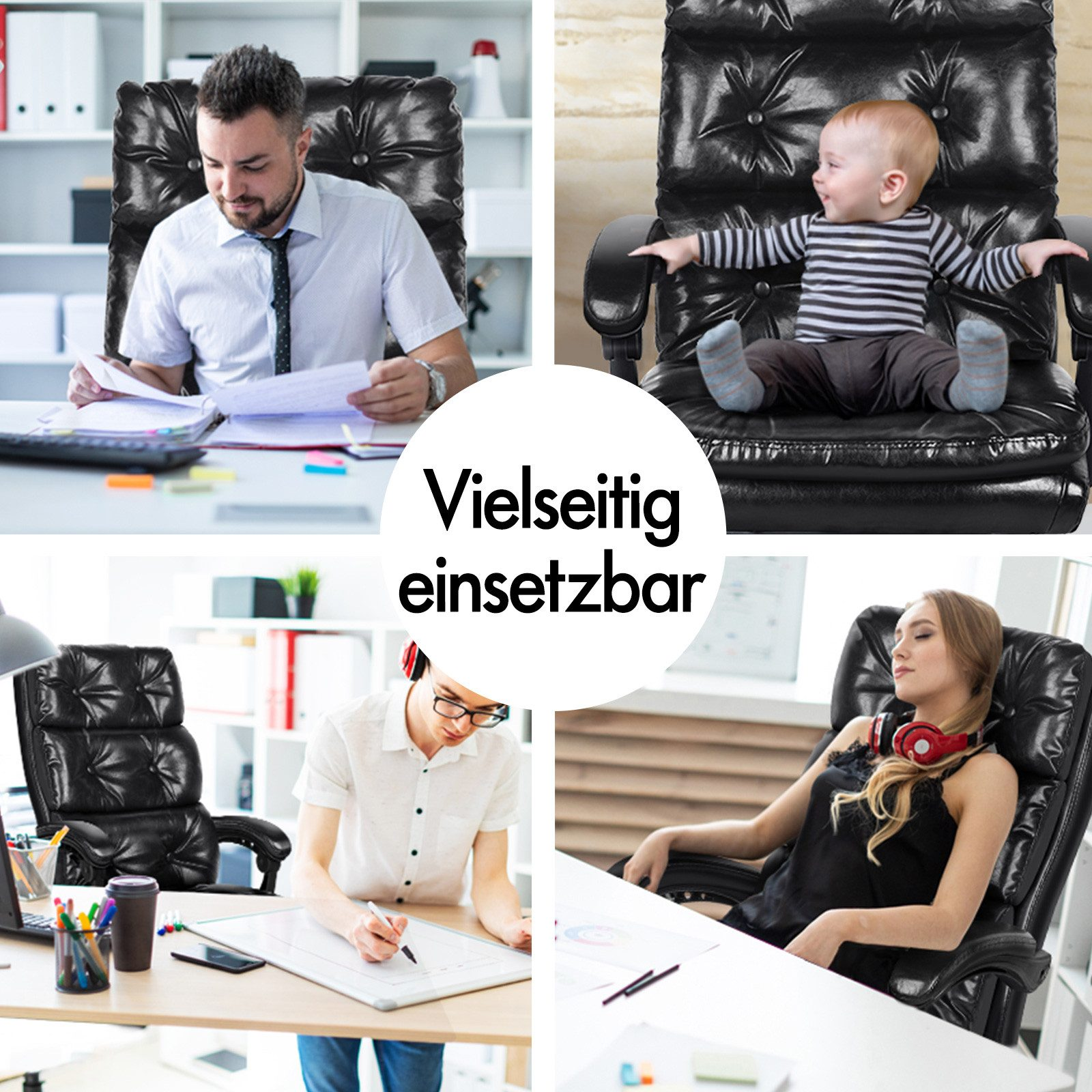 Vier Szenen zeigen Bürostühle mit Personen: Mann bei der Arbeit, Baby sitzt, Mann schreibt, Frau ruht.