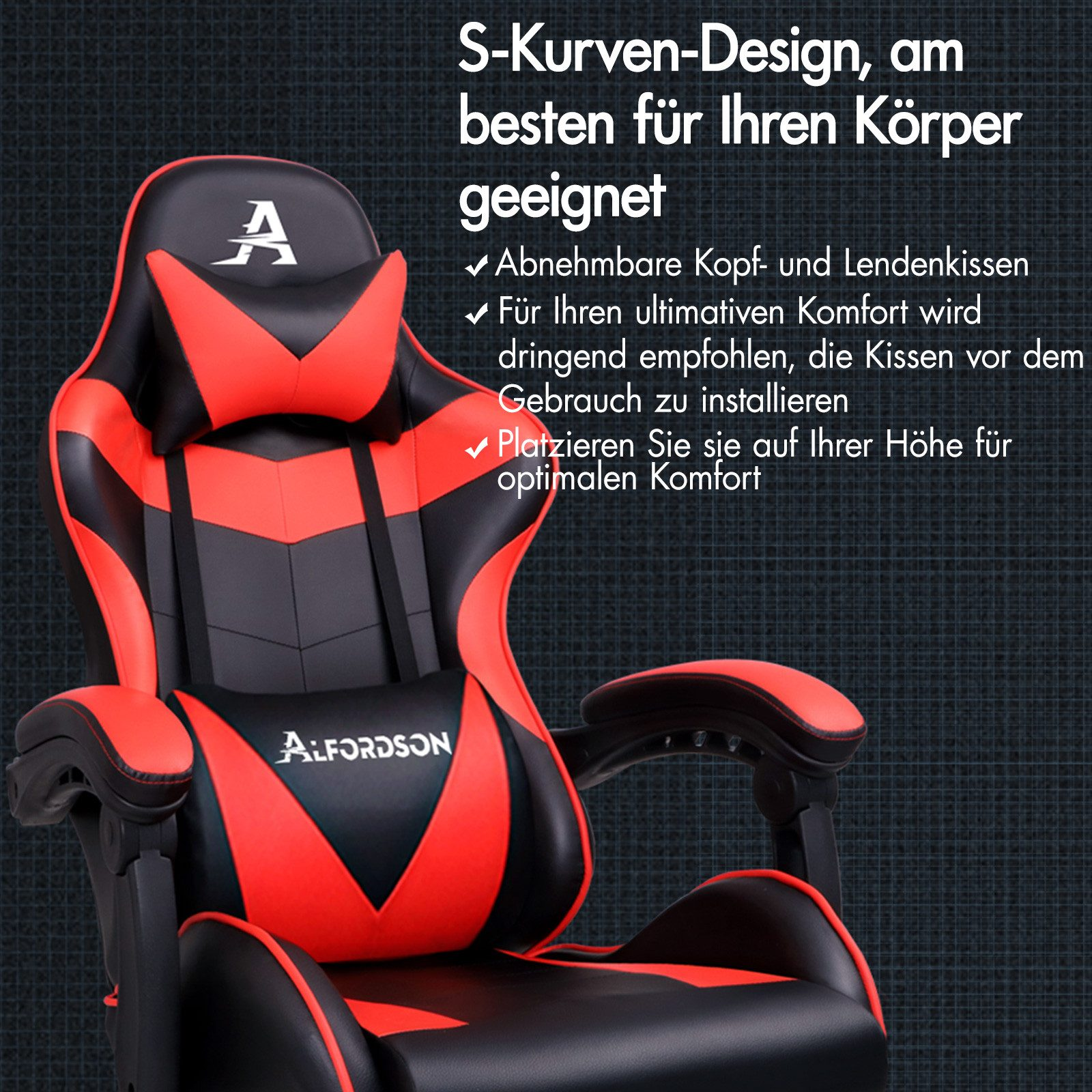 Ein roter und schwarzer Gaming-Stuhl mit abnehmbaren Kissen und dem Logo "A".