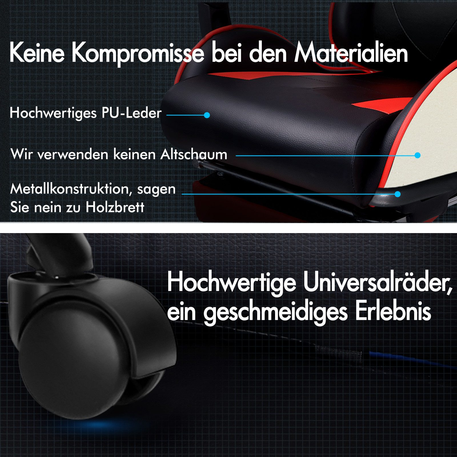 Details des schwarzen Gaming-Stuhls: PU-Leder, kein alter Schaum, Metallrahmen, hochwertige Rollen.