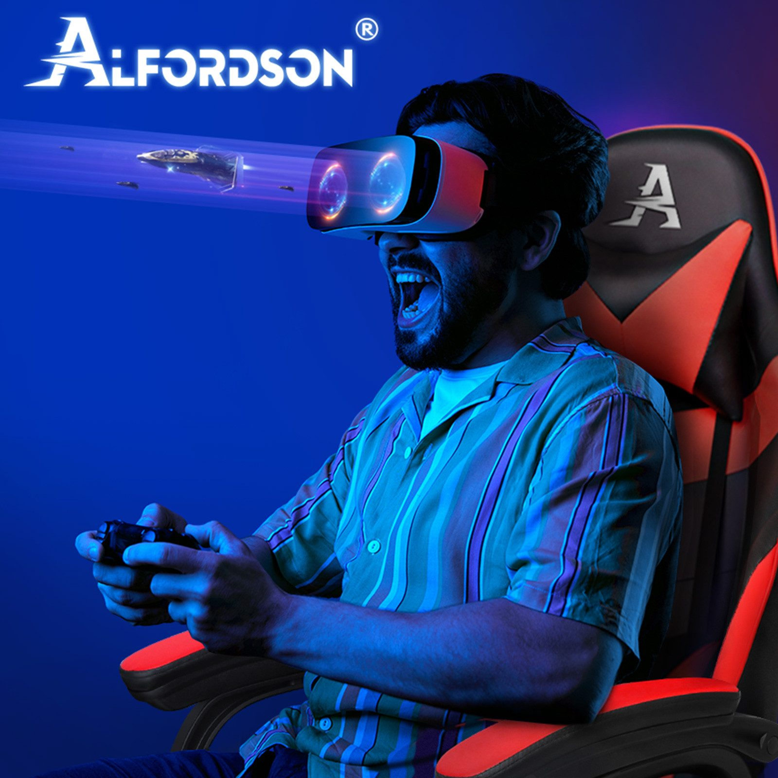 Mann mit VR-Headset spielt Spiel, hält Controller, sitzt im Gaming-Stuhl.